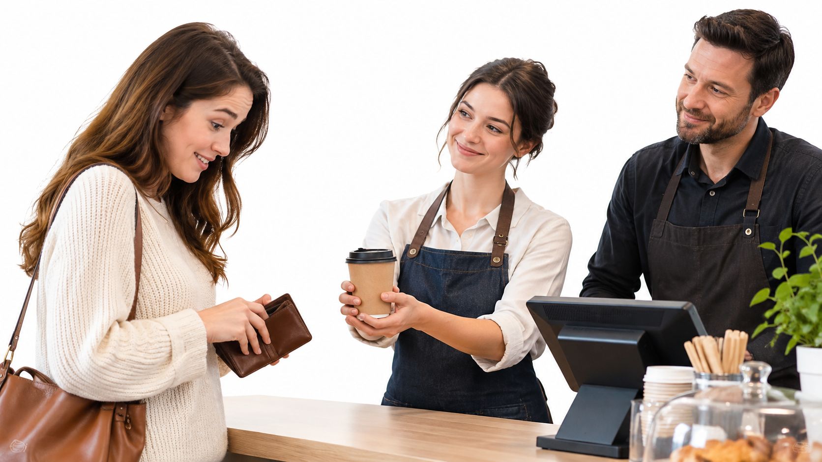 A smiling barista hands a takeaway coffee cup to a customer at a cafe counter.