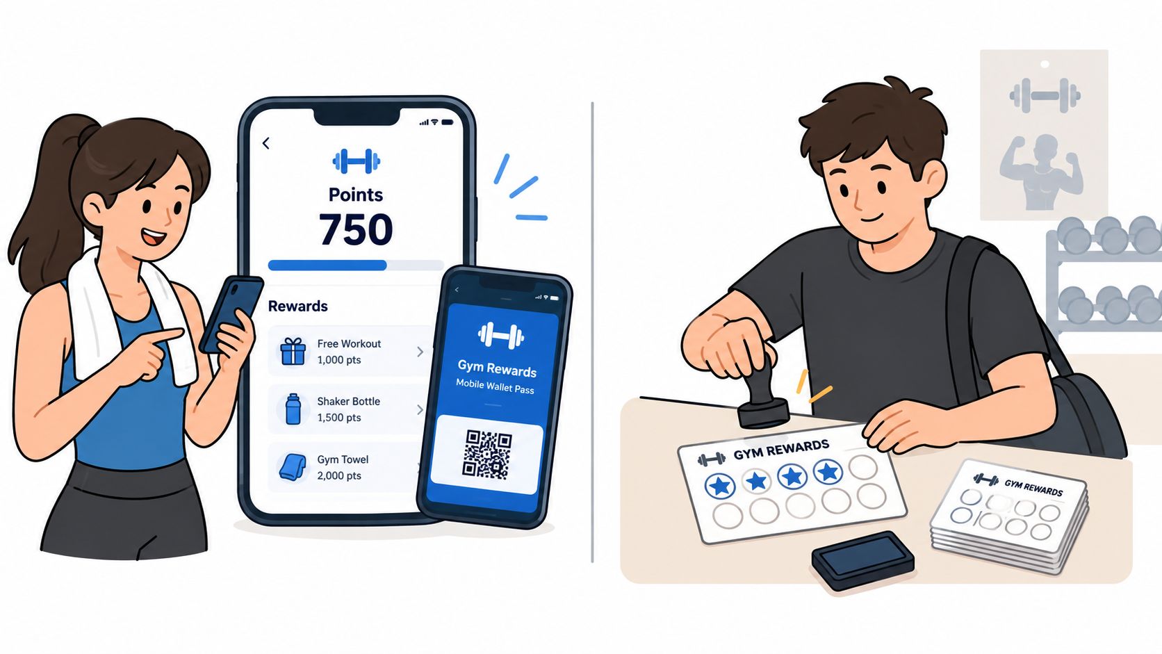A woman using a gym mobile loyalty app while a man uses a paper stamp card.