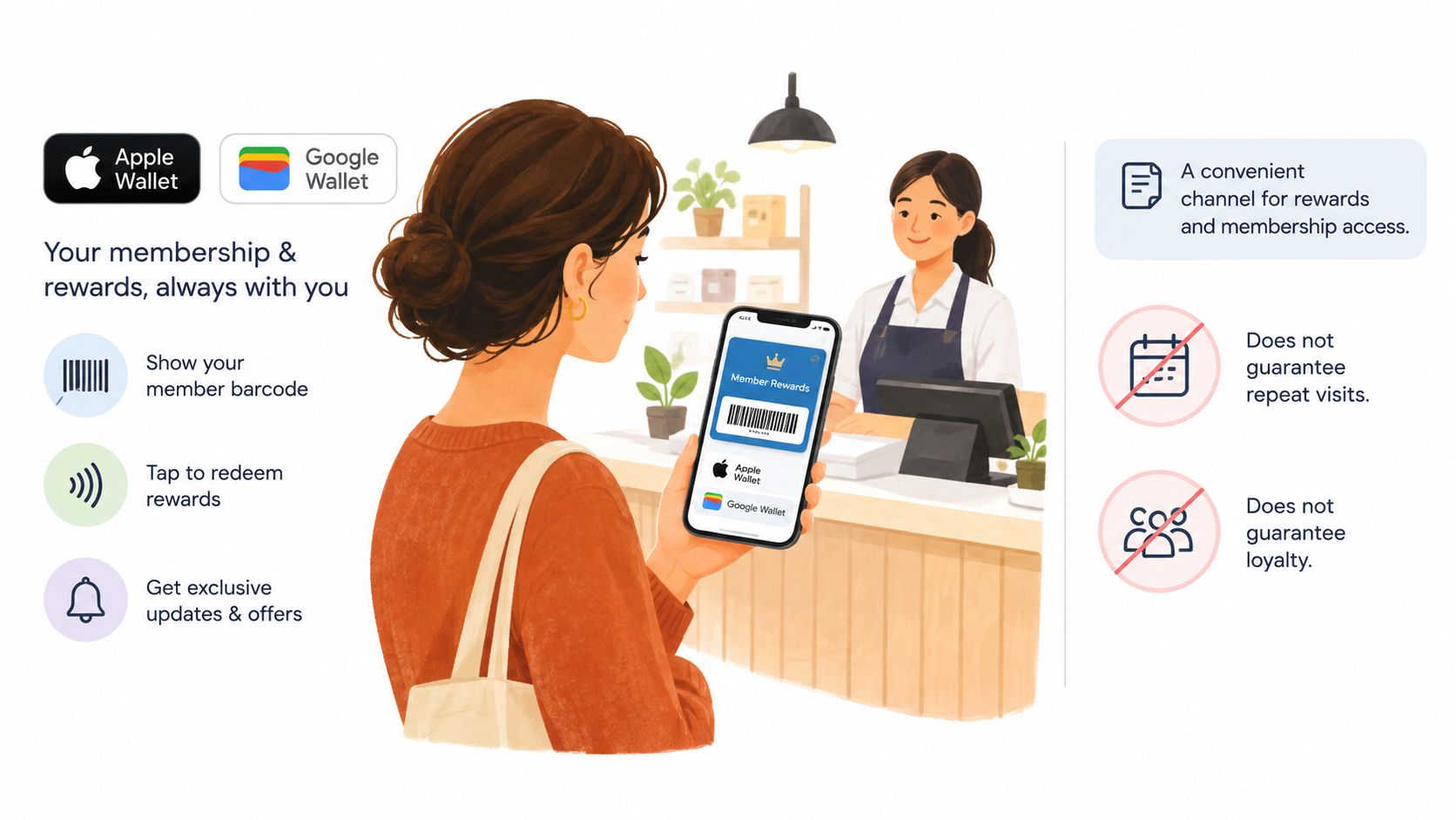 A customer scans a digital loyalty program membership card from their smartphone at a store checkout counter.