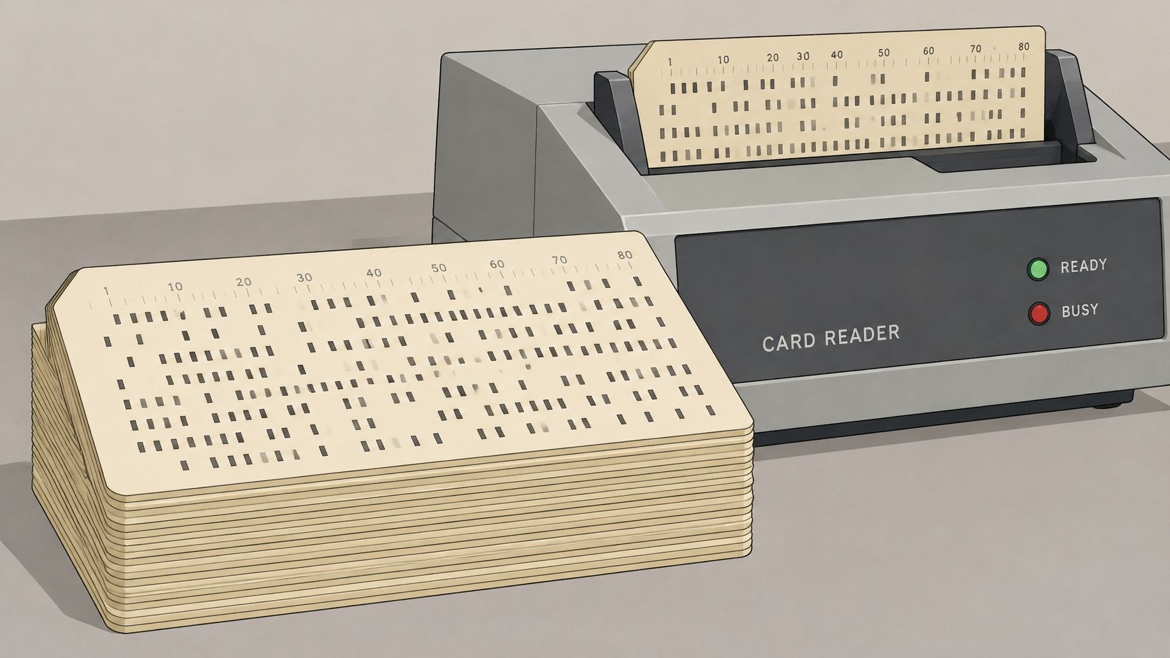 A stack of rectangular computer punch cards next to a machine labeled card reader with lights.