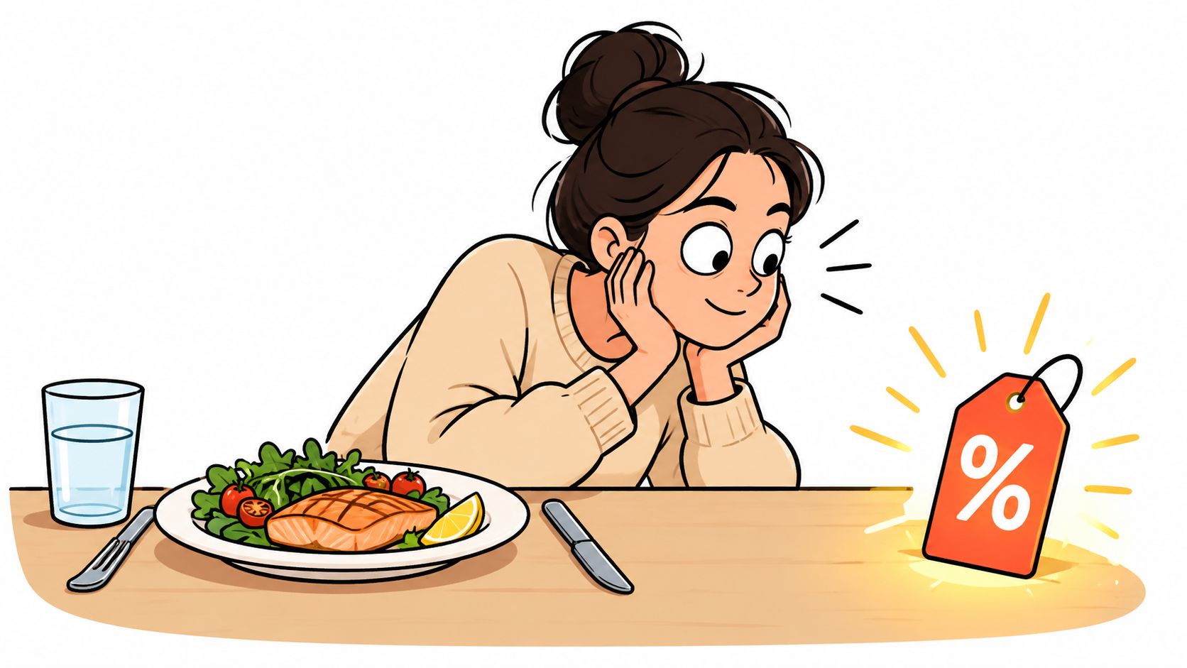 A woman looks excitedly at a glowing price discount tag while sitting at a table with salmon.