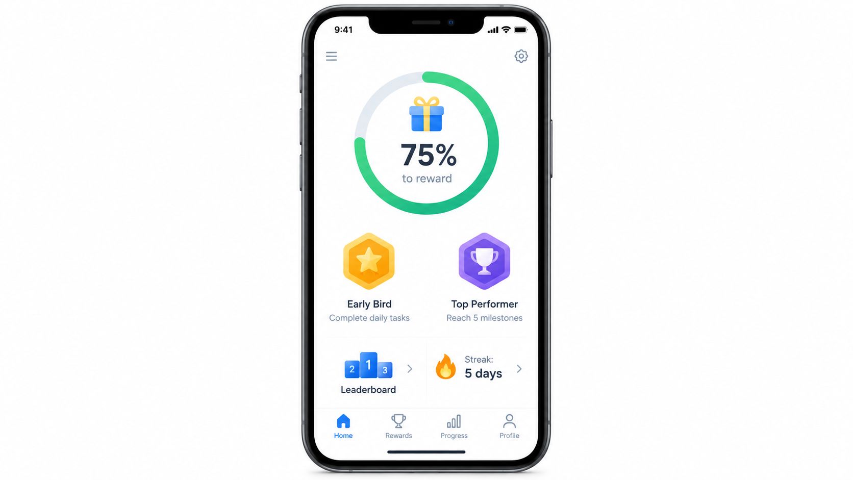 A smartphone screen displaying a gamified loyalty application interface with progress bars, rewards, and streaks.