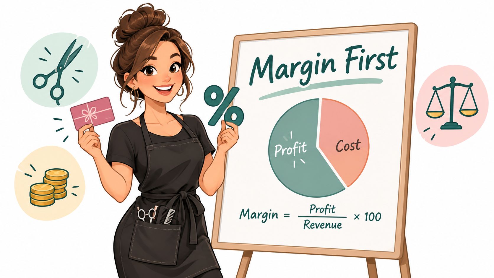 A female hairstylist explaining business profit margin and revenue concepts on a whiteboard in a salon.