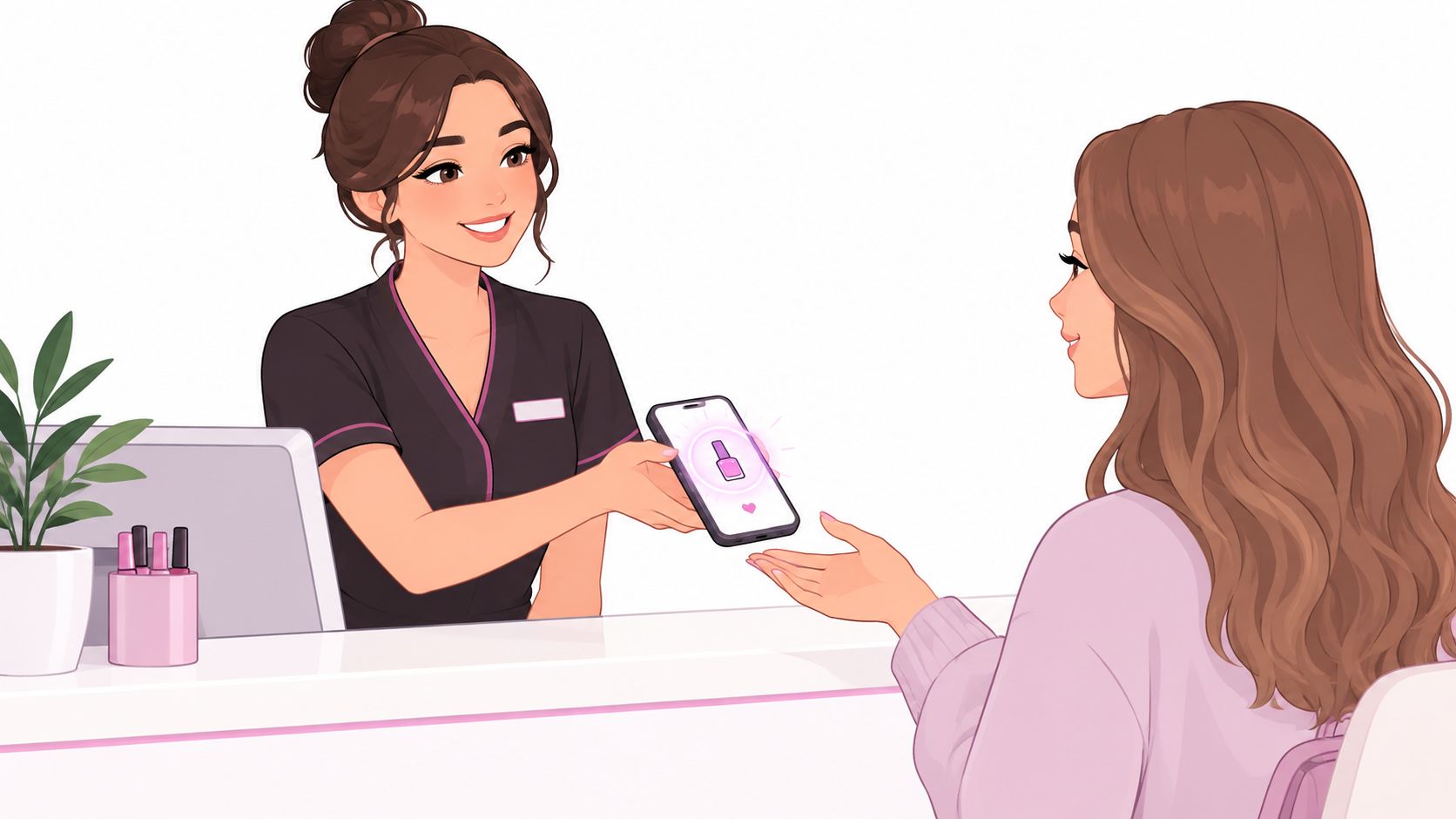 A nail salon receptionist showing a loyalty app on her phone to a customer at the desk.