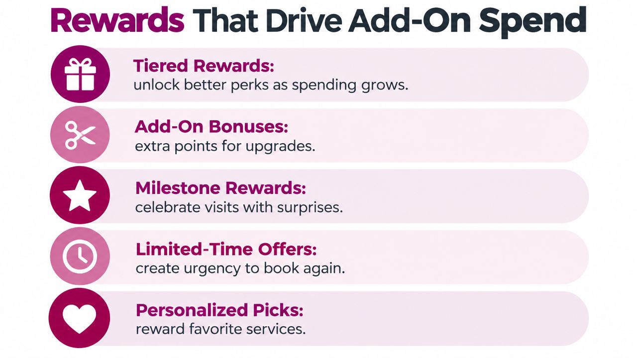 A list of five loyalty rewards strategies to increase customer spending in a salon app.