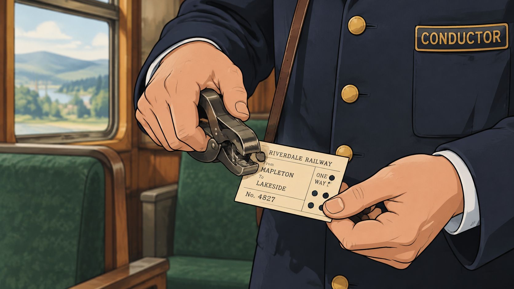 A train conductor holding a vintage ticket puncher over a Riverdale Railway ticket to Lakeside.