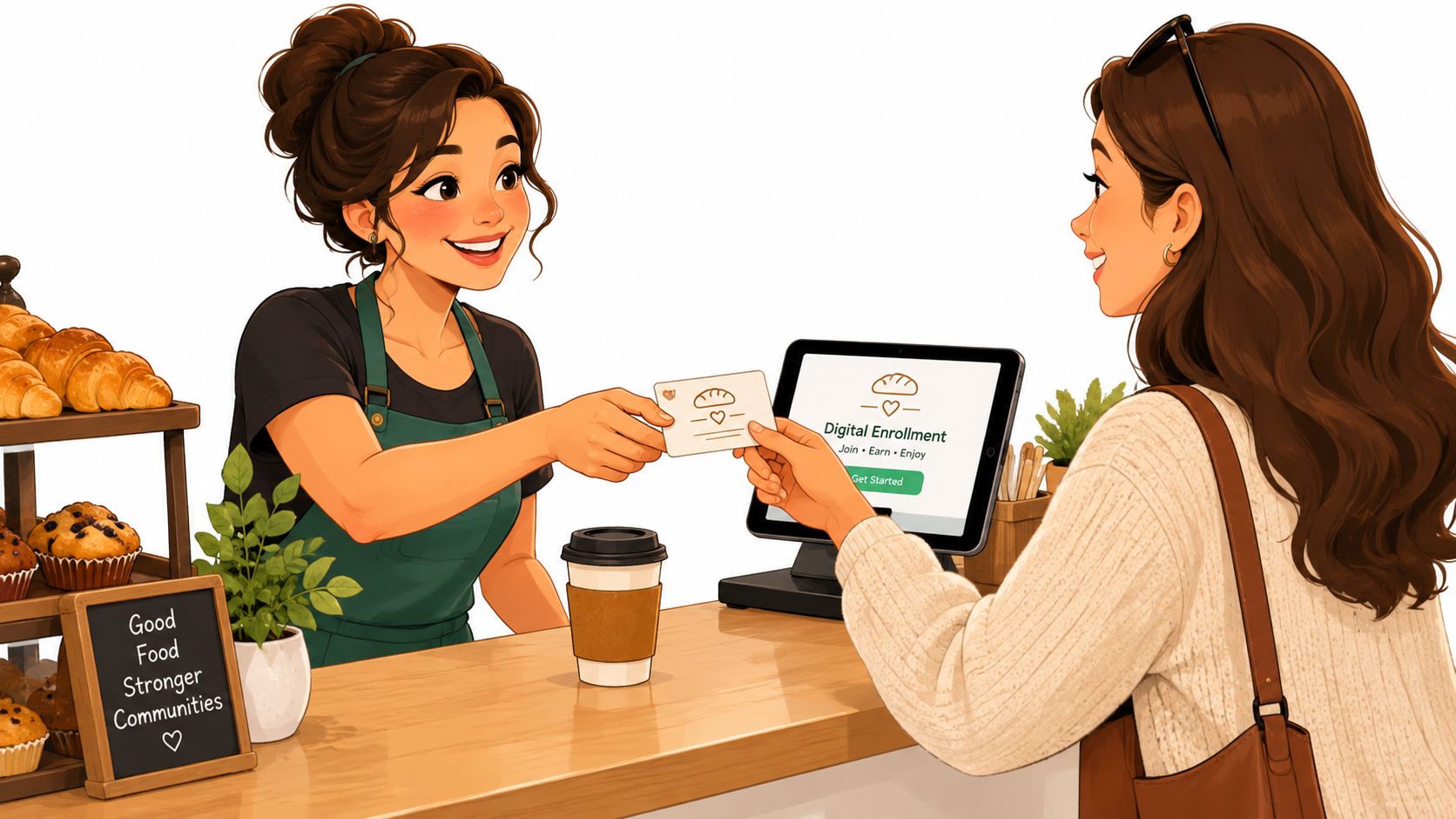 A friendly bakery employee handing a loyalty card to a customer at a cafe counter.