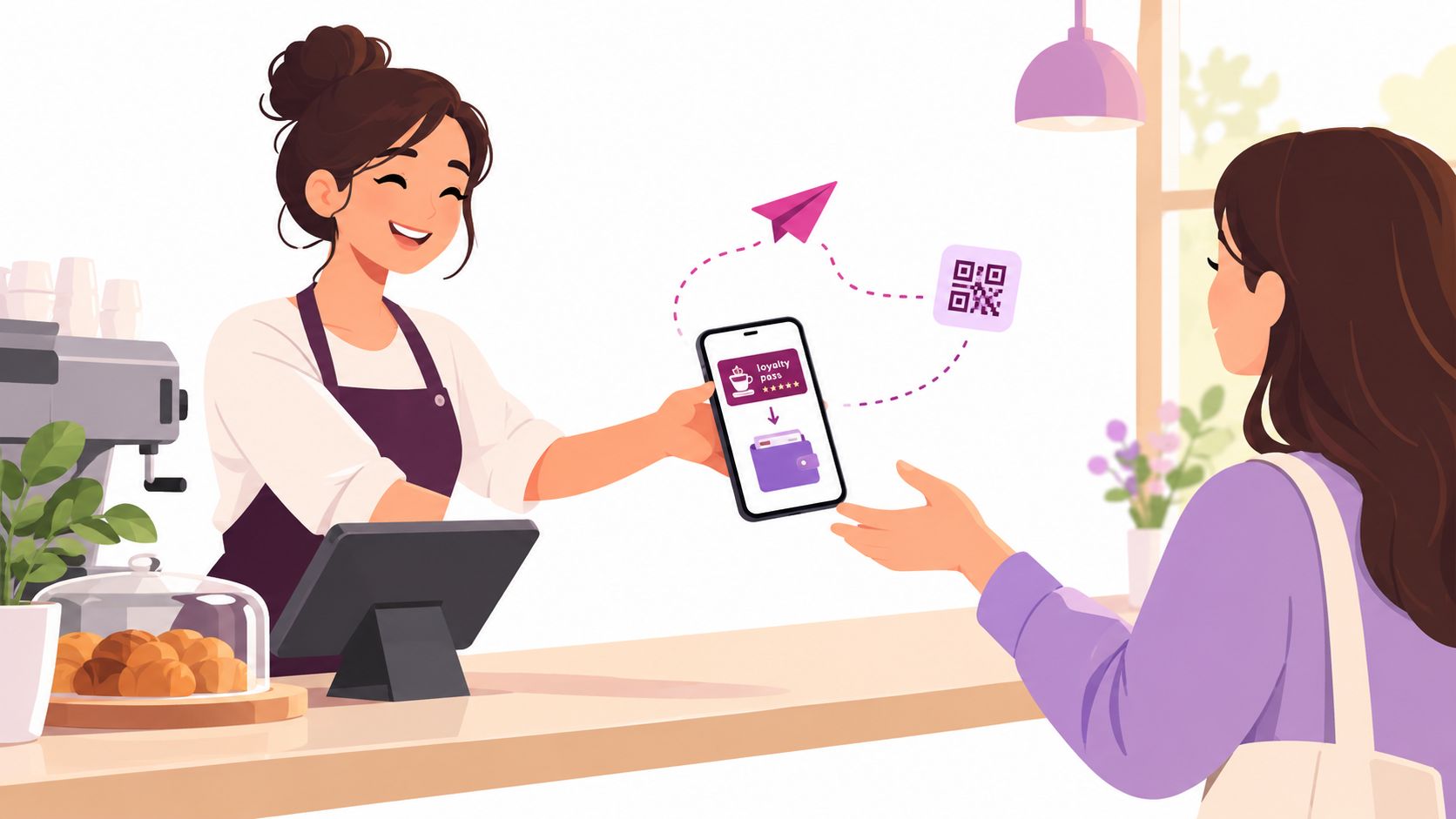 A friendly barista showing a digital loyalty pass on a smartphone to a customer at a cafe.