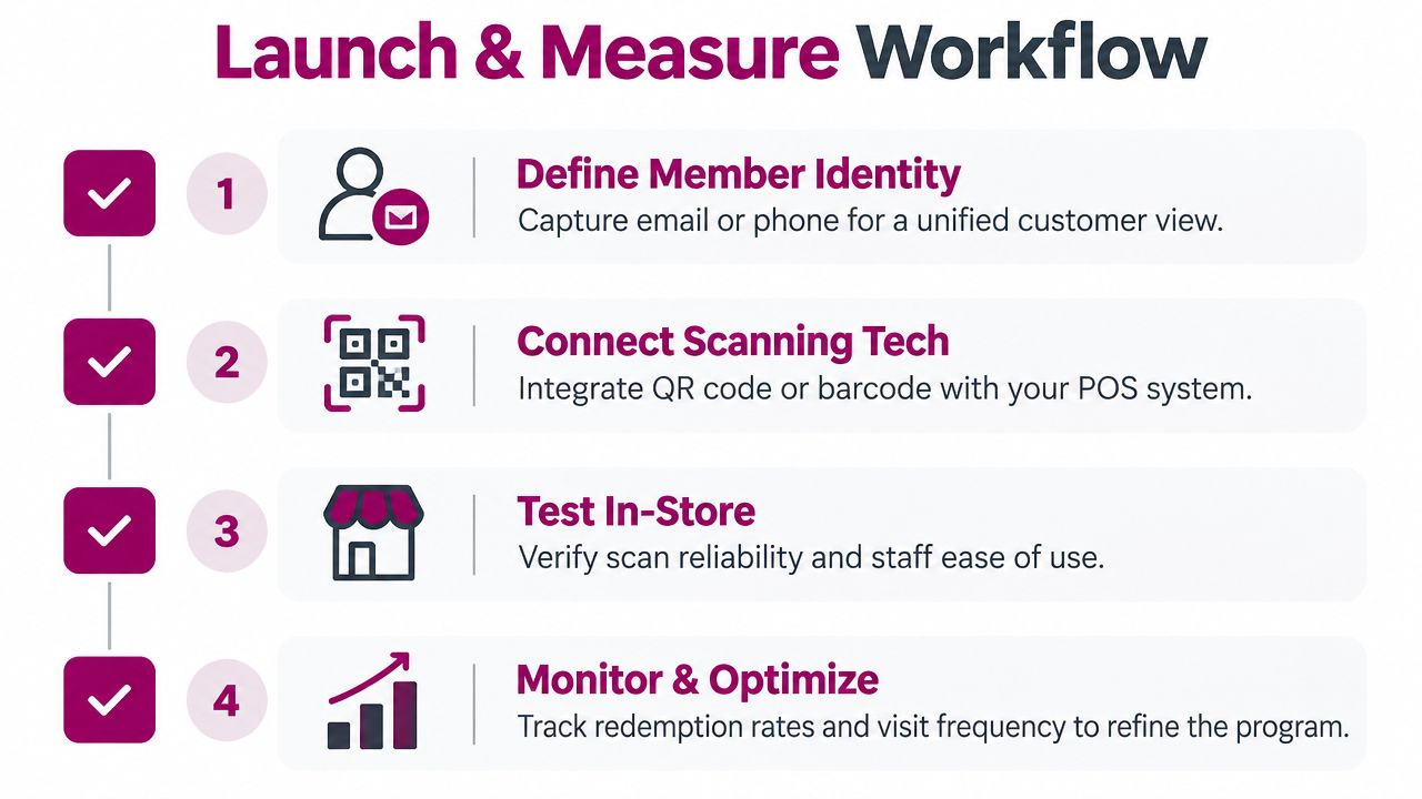 A four-step workflow infographic detailing how to launch and measure a customer loyalty program in-store.