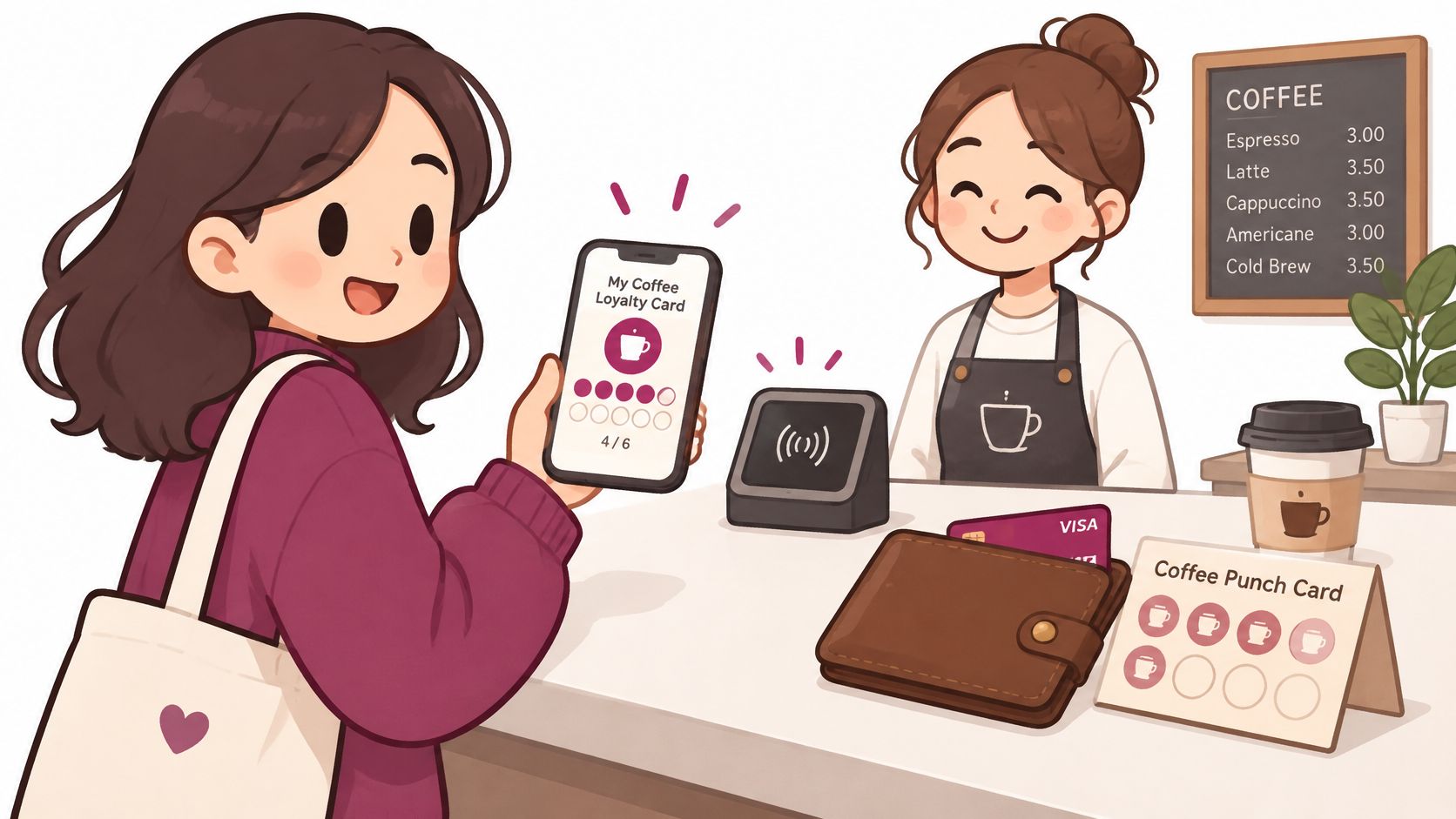 A customer using a smartphone digital loyalty card at a coffee shop counter to make a payment.