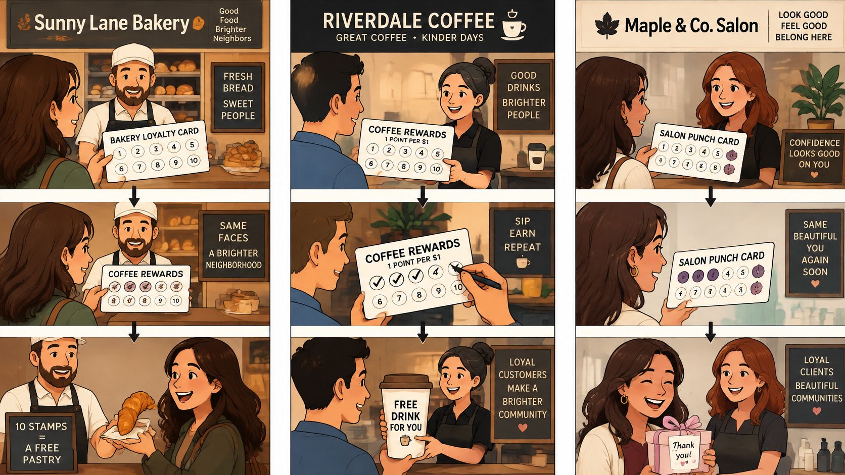 Three illustrated panels showing customers earning rewards at a bakery, coffee shop, and salon for loyalty.