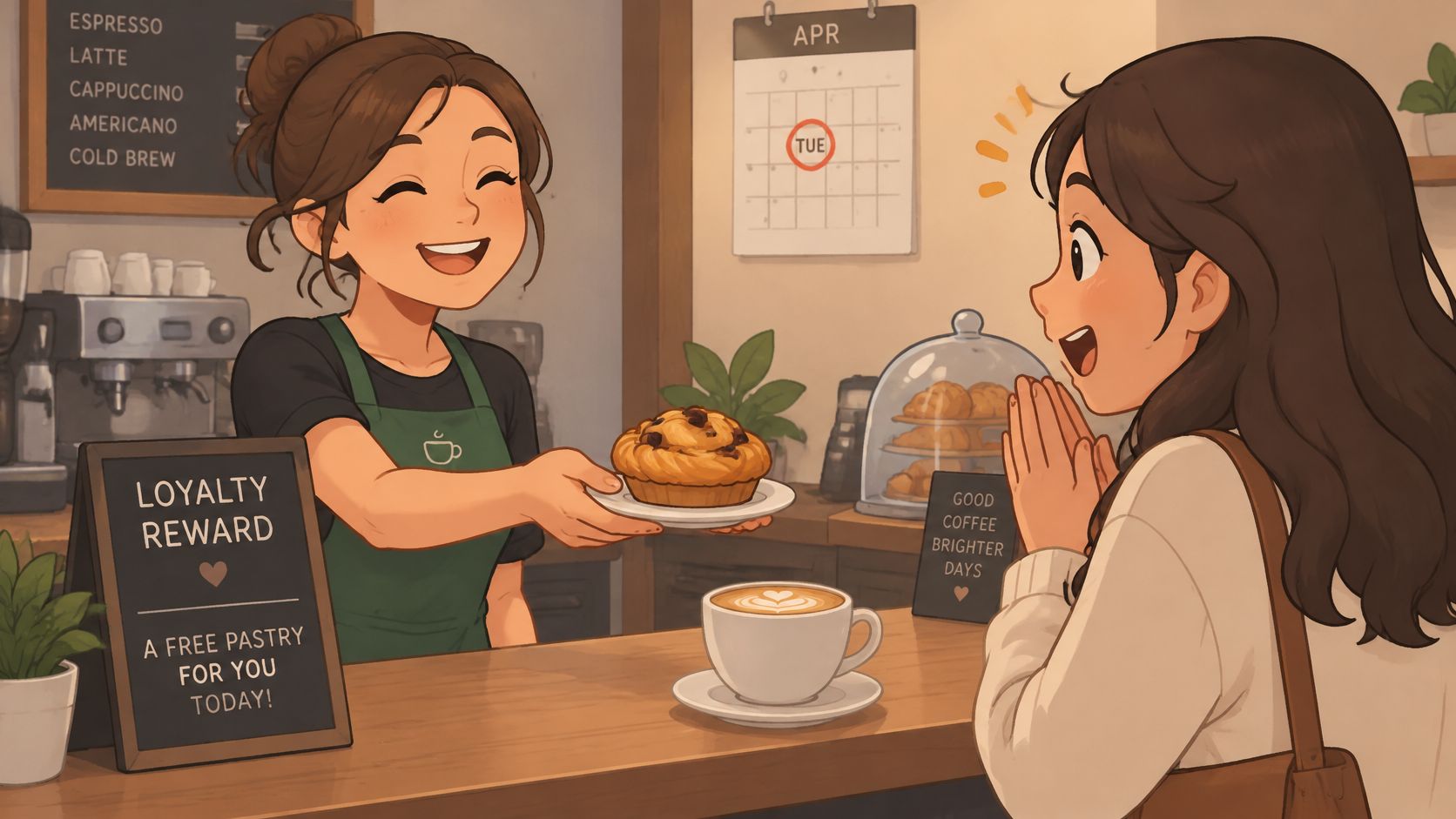 A friendly barista handing a free pastry to a surprised and happy customer in a cozy coffee shop.