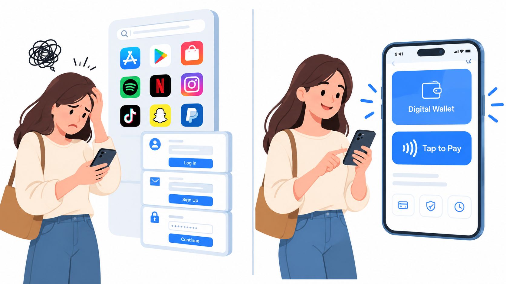 A contrast between a woman struggling with multiple login apps and another enjoying a digital wallet.