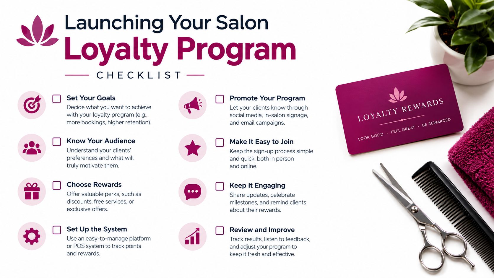 A checklist for launching a salon loyalty program displayed next to scissors, a comb, and a rewards card.