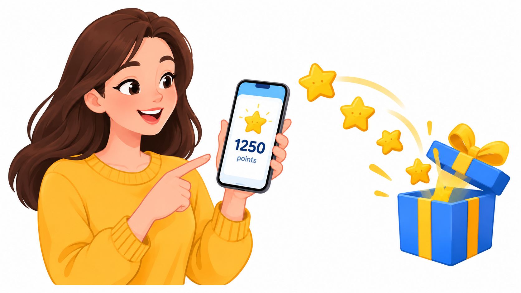 A happy young woman pointing at her smartphone showing 1250 points next to a gift box with stars.