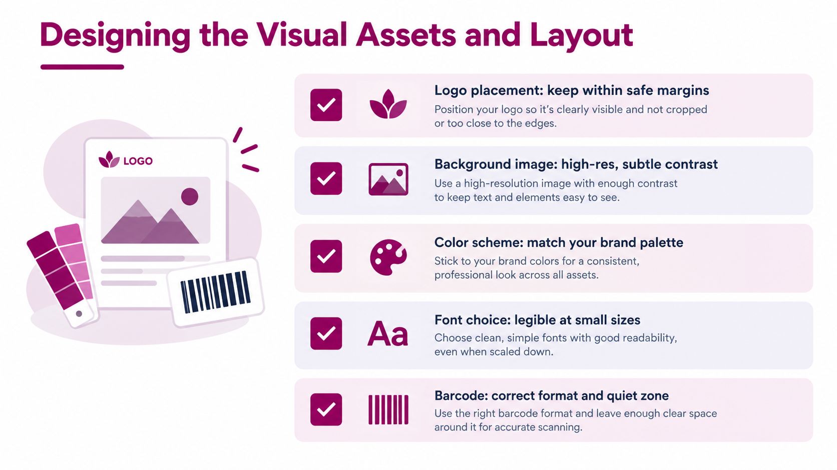 A design guide infographic titled Designing the Visual Assets and Layout showing tips for branding and readability.