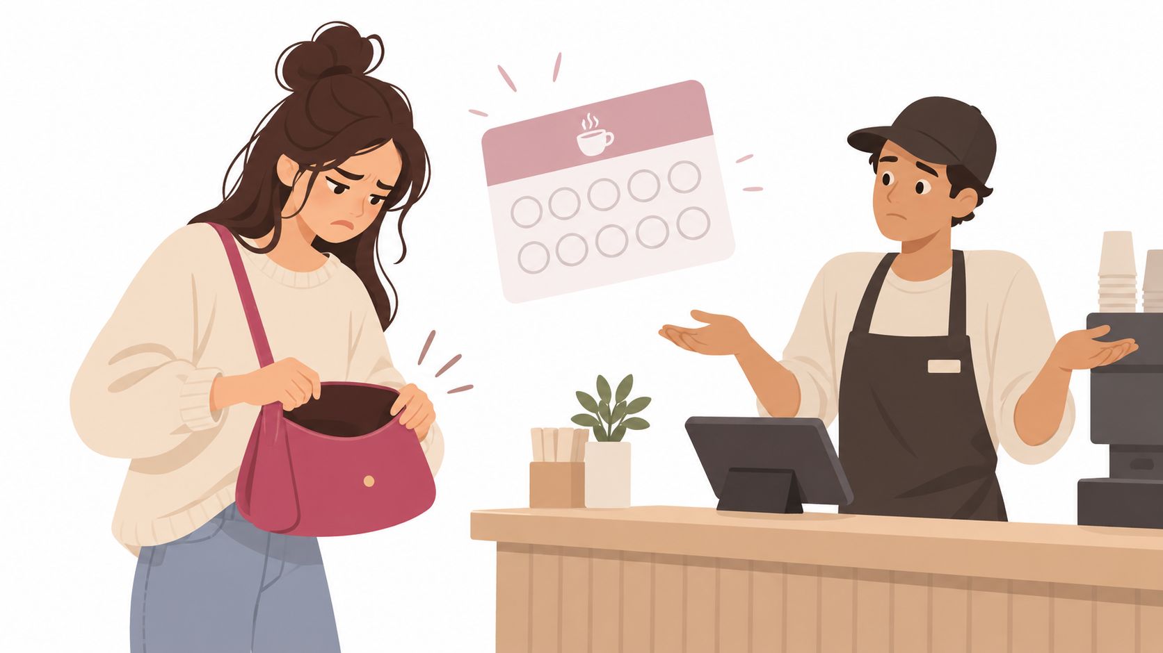 A confused woman looking into her empty purse at a cafe counter while the barista gestures helplessly.