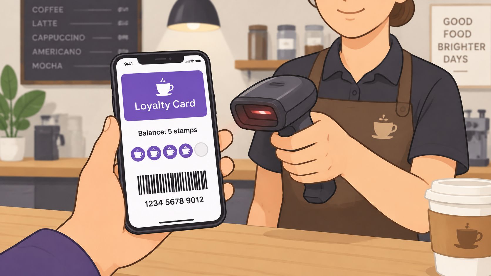 A customer presenting a digital loyalty card on their smartphone to a barista with a barcode scanner.