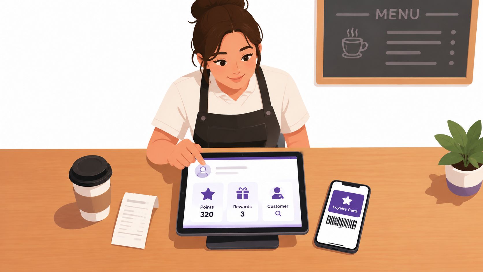 A smiling barista interacting with a tablet showcasing a restaurant loyalty program interface at a cafe counter.