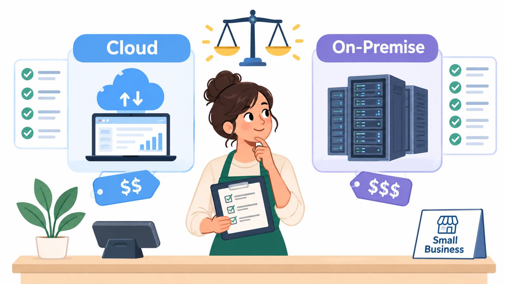 A small business owner evaluating between cloud and on-premise software solutions for her retail company.