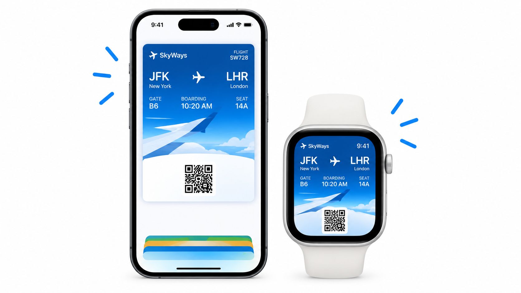 A digital boarding pass for SkyWays airlines displayed on an iPhone and an Apple Watch simultaneously.