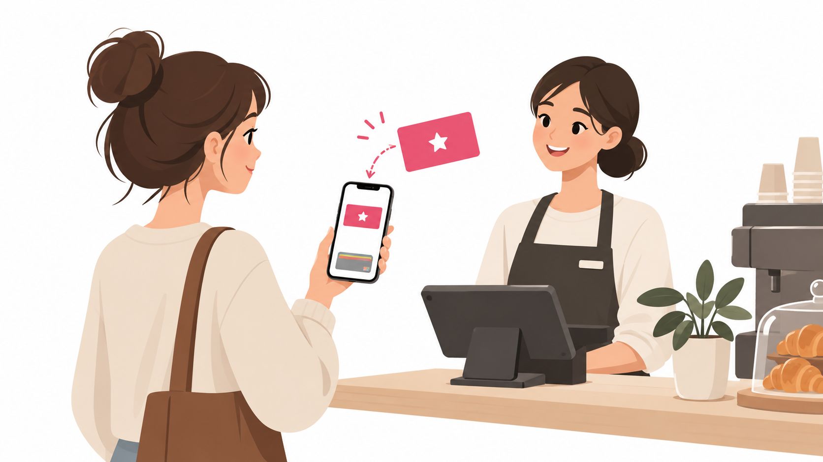A customer using a smartphone to scan a digital loyalty card at a coffee shop counter.