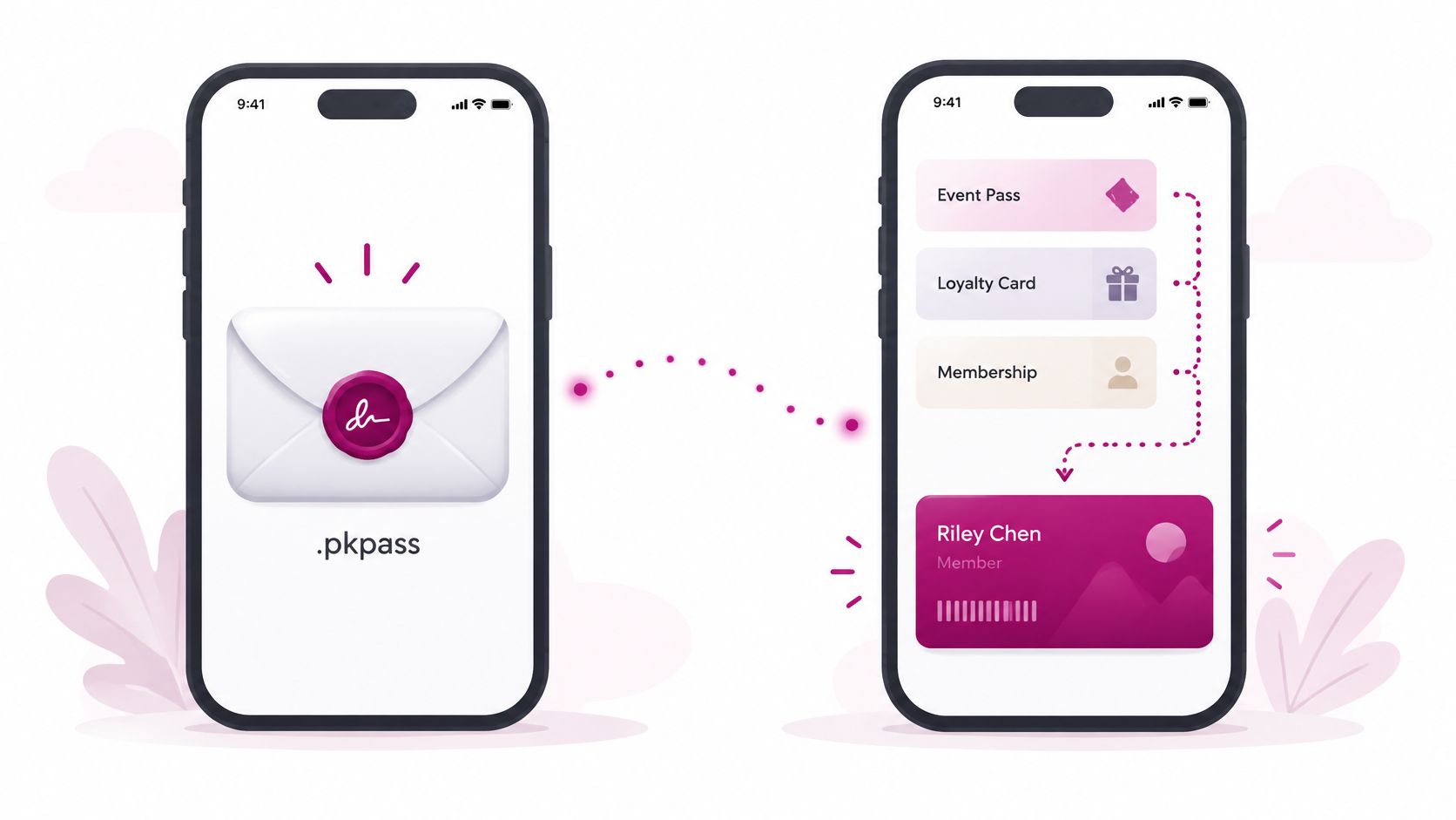A digital illustration showing a .pkpass file being transferred from a smartphone into a mobile wallet app.
