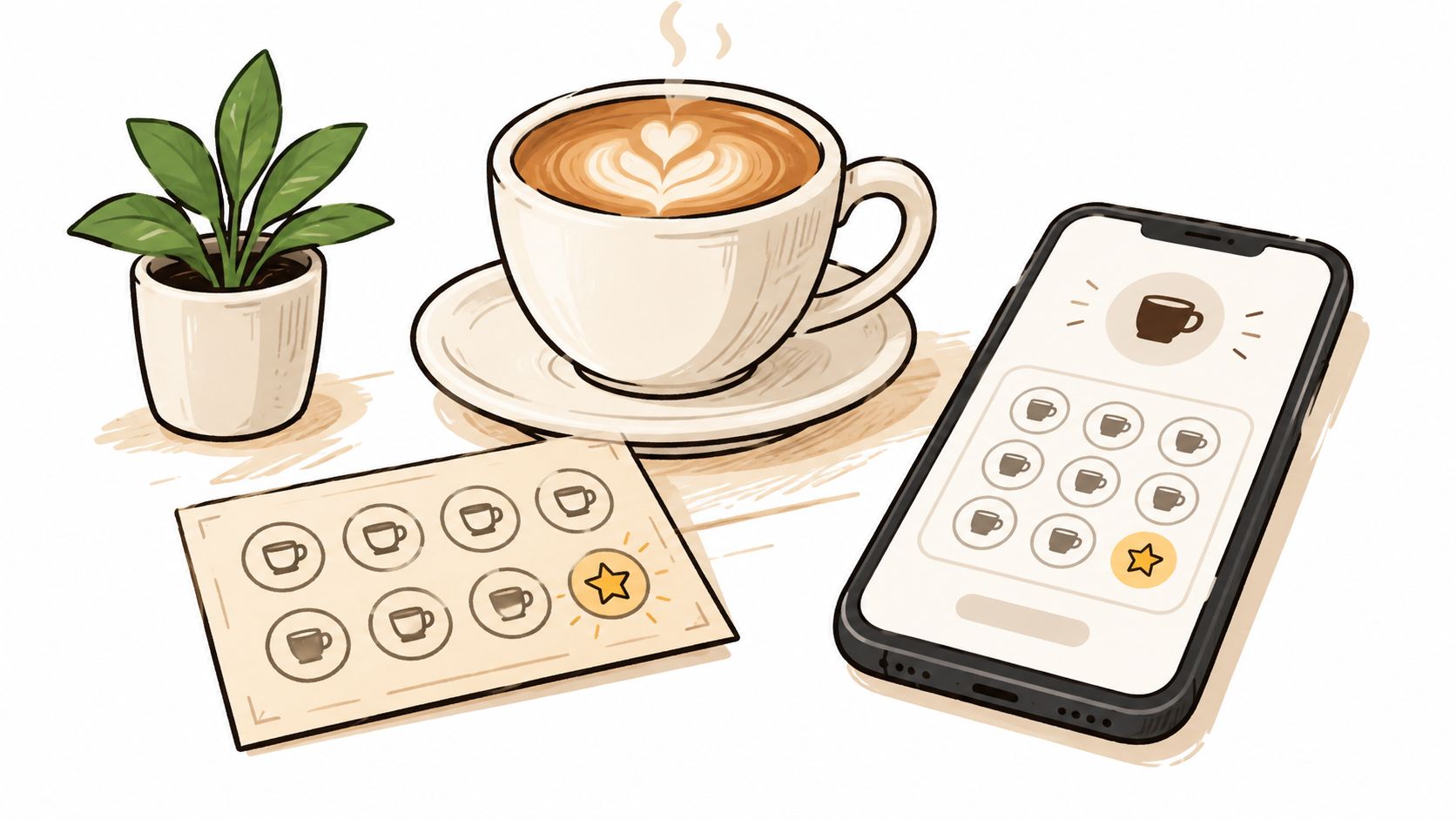 A cup of coffee next to a physical loyalty punch card and a mobile loyalty app.