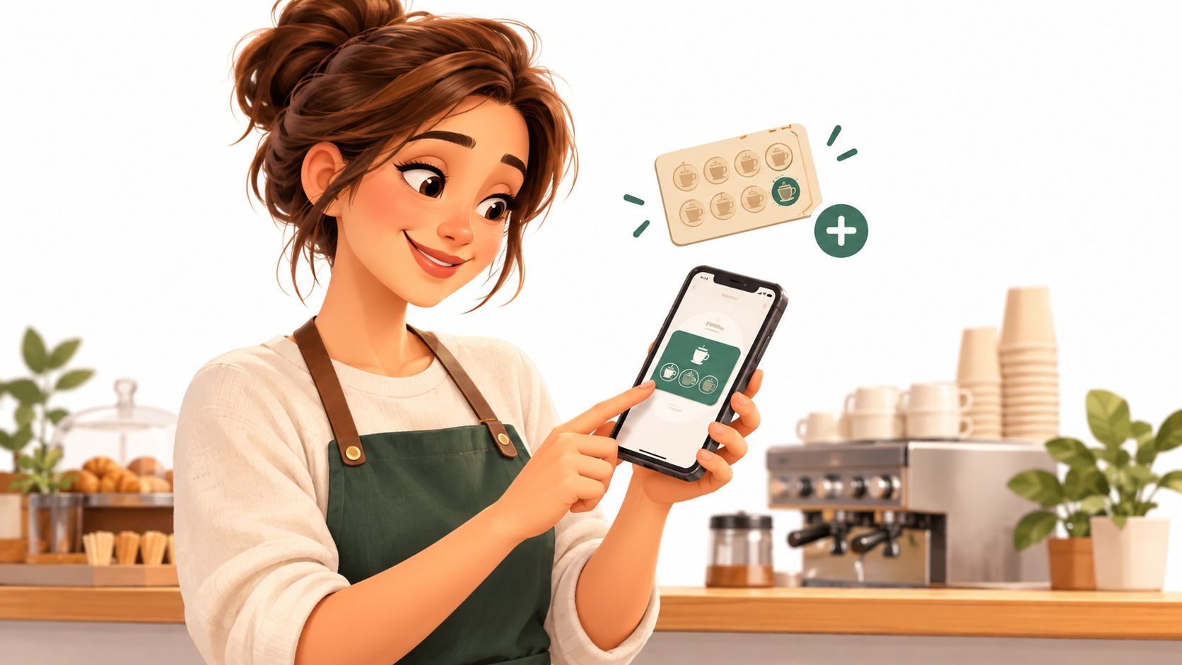 A friendly cafe barista using a mobile app to manage a digital coffee loyalty card program.