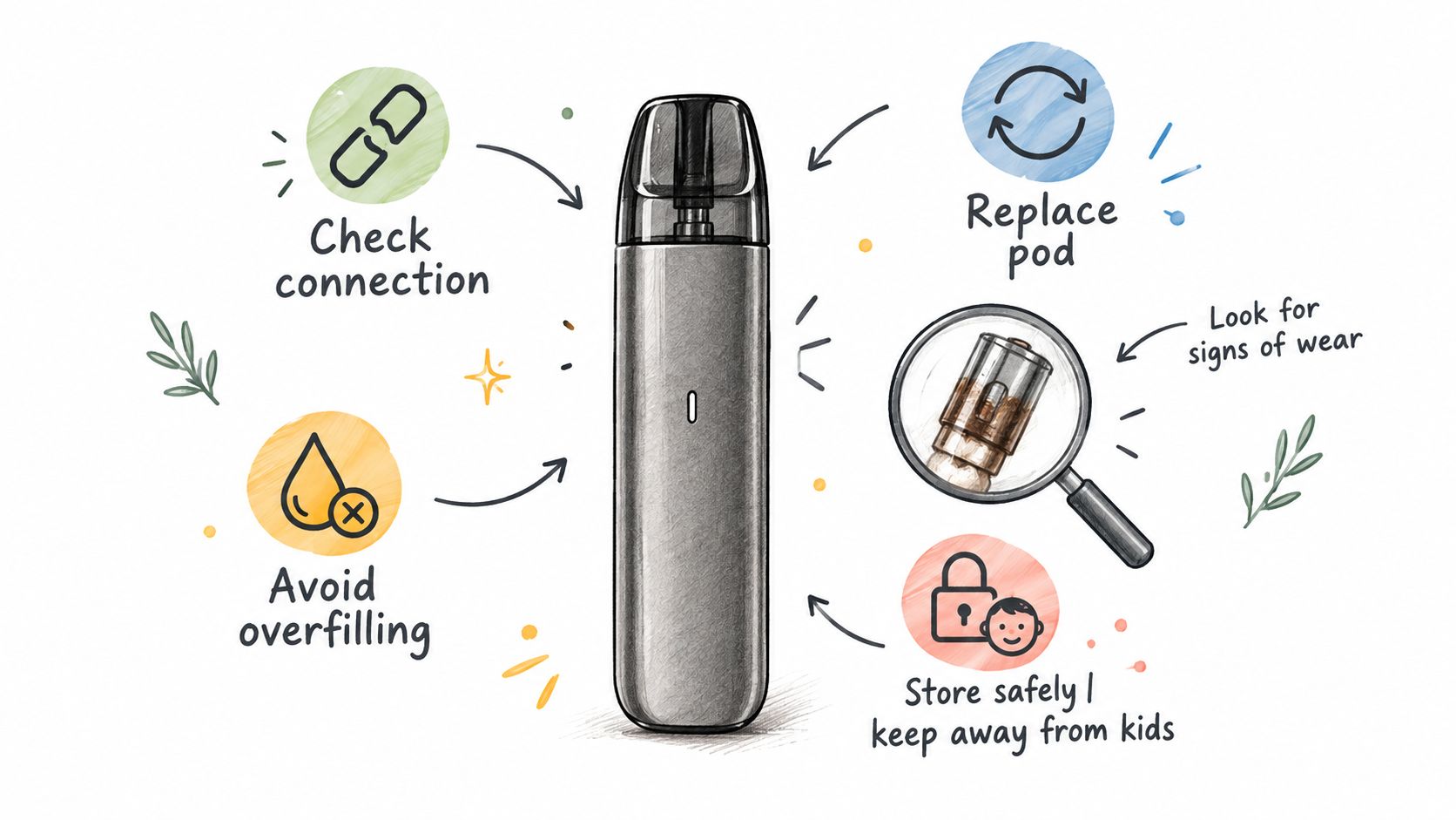 An educational infographic showing tips for safely using and maintaining a pod-style vaping device.