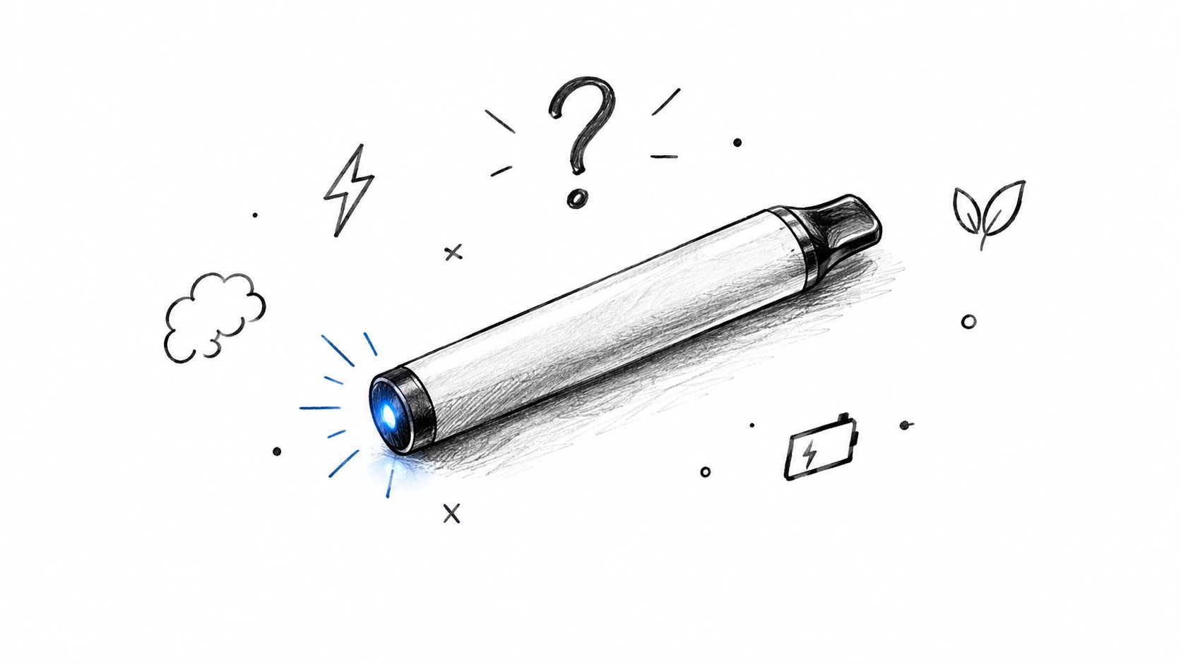 A hand-drawn sketch of a disposable vape with a blinking blue light and various icon doodles.