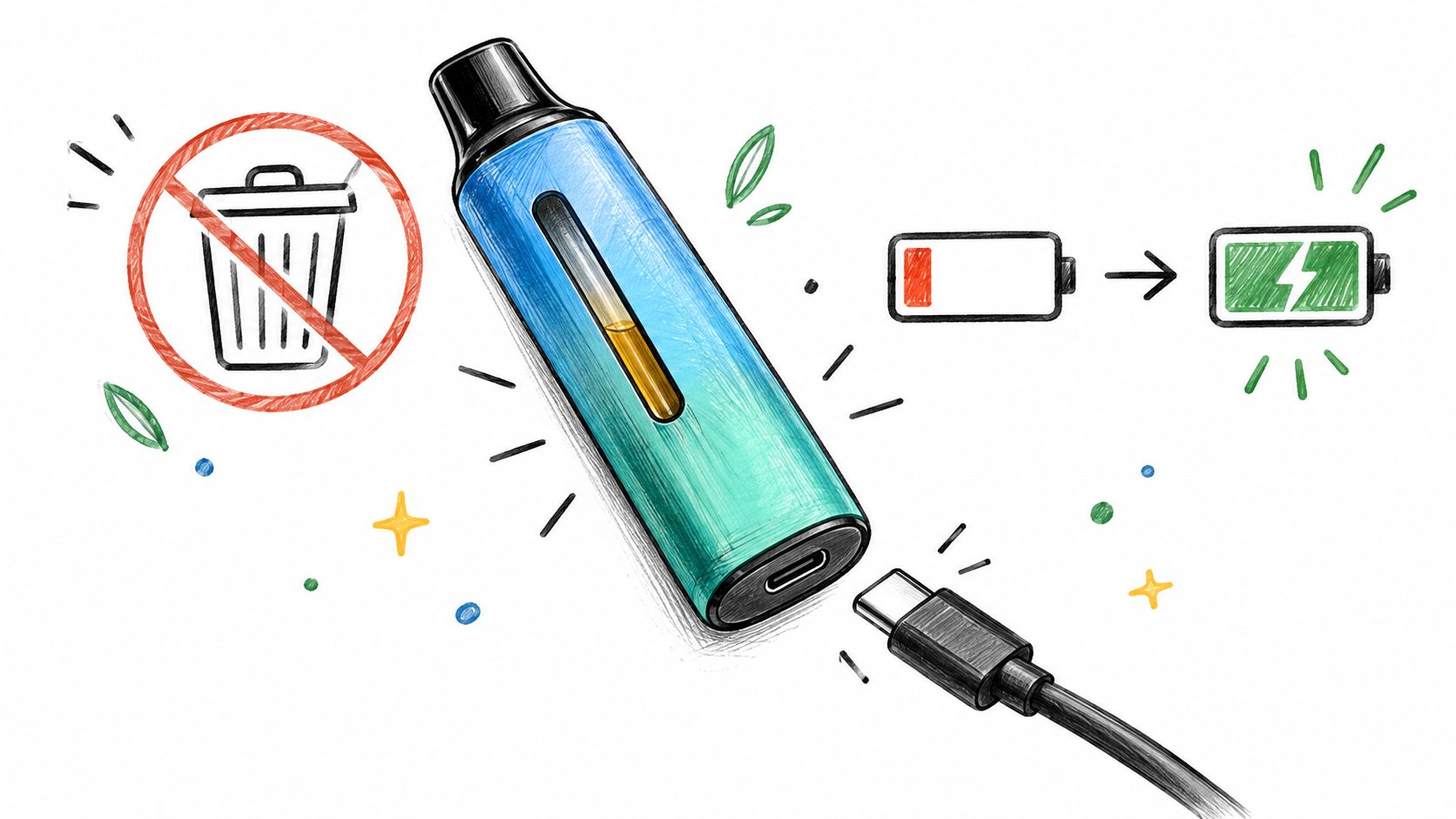 A digital illustration showing a rechargeable disposable vape being charged with a USB-C cable, labeled as not trash.