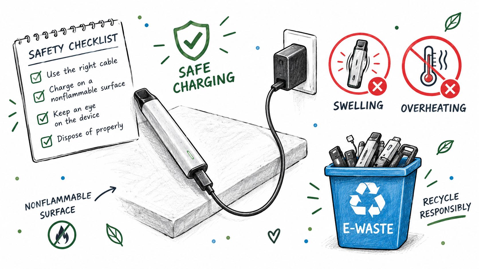 A safety checklist illustration for charging rechargeable disposable vapes on a non-flammable surface, avoiding swelling and overheating.