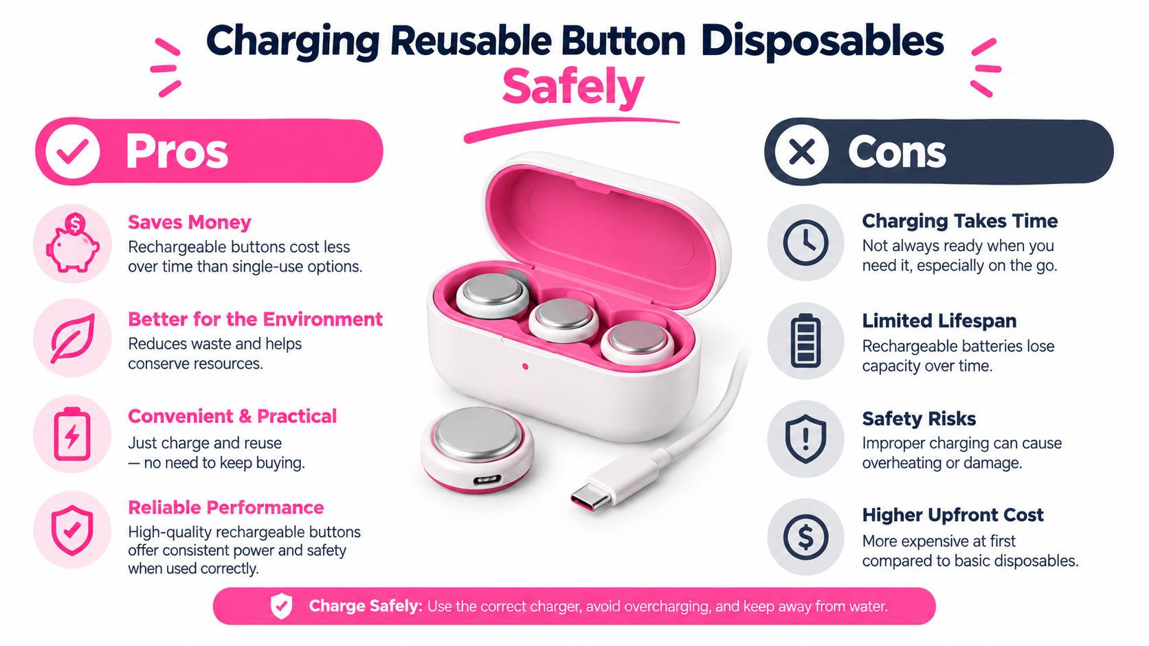 A visual guide comparing the pros and cons of using rechargeable button-style disposable batteries safely.