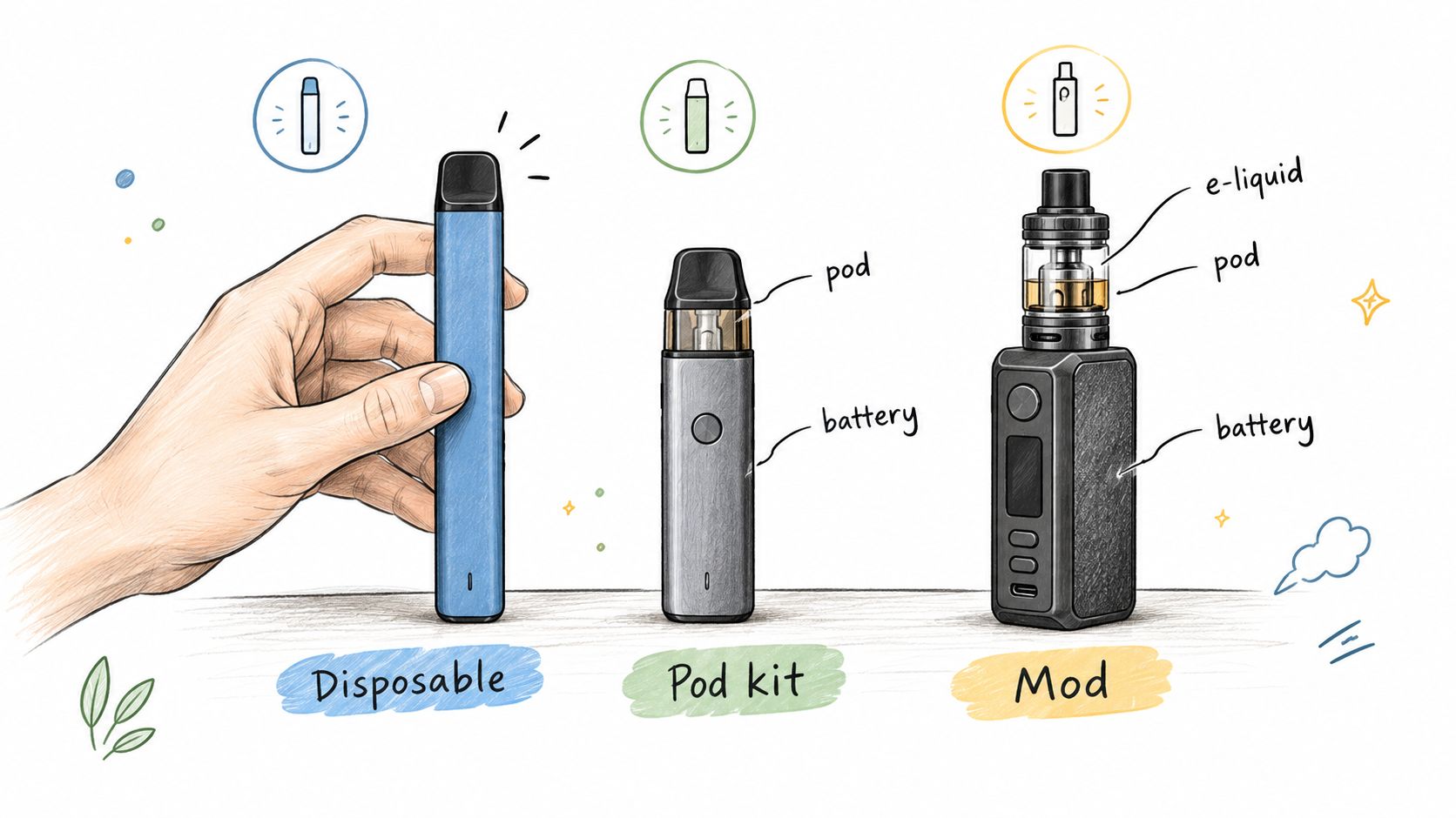 A hand-drawn illustration showing three types of vaping devices: a disposable vape, a pod kit, and a mod.