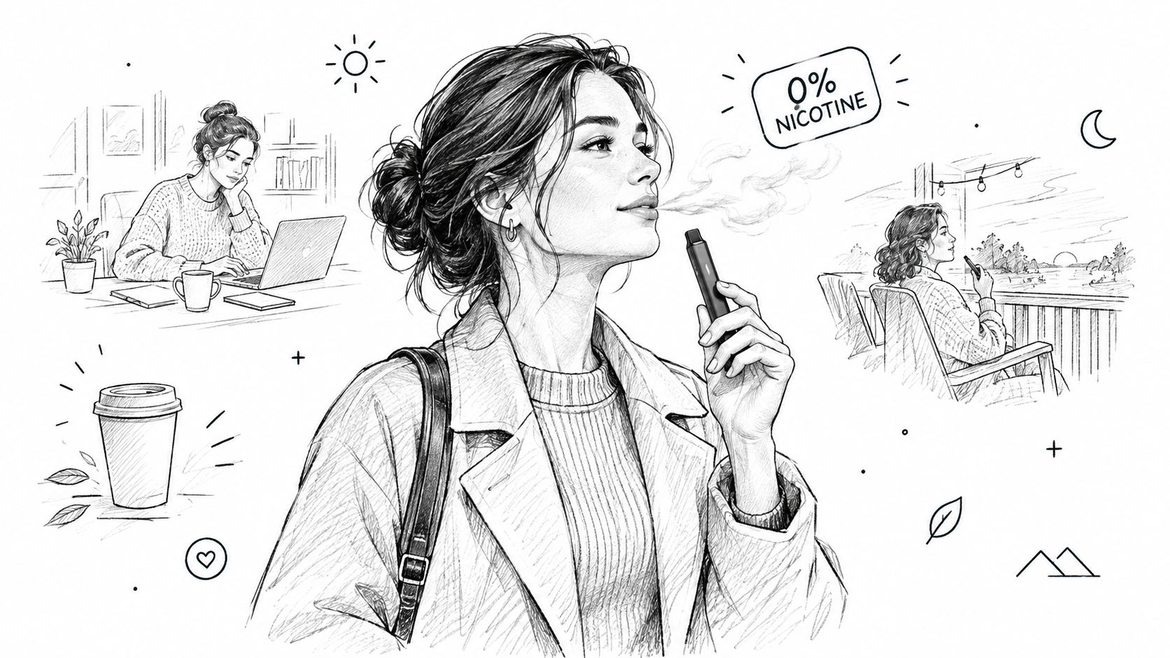 A pencil sketch of a woman using a non-nicotine electronic cigarette during different daily activities.