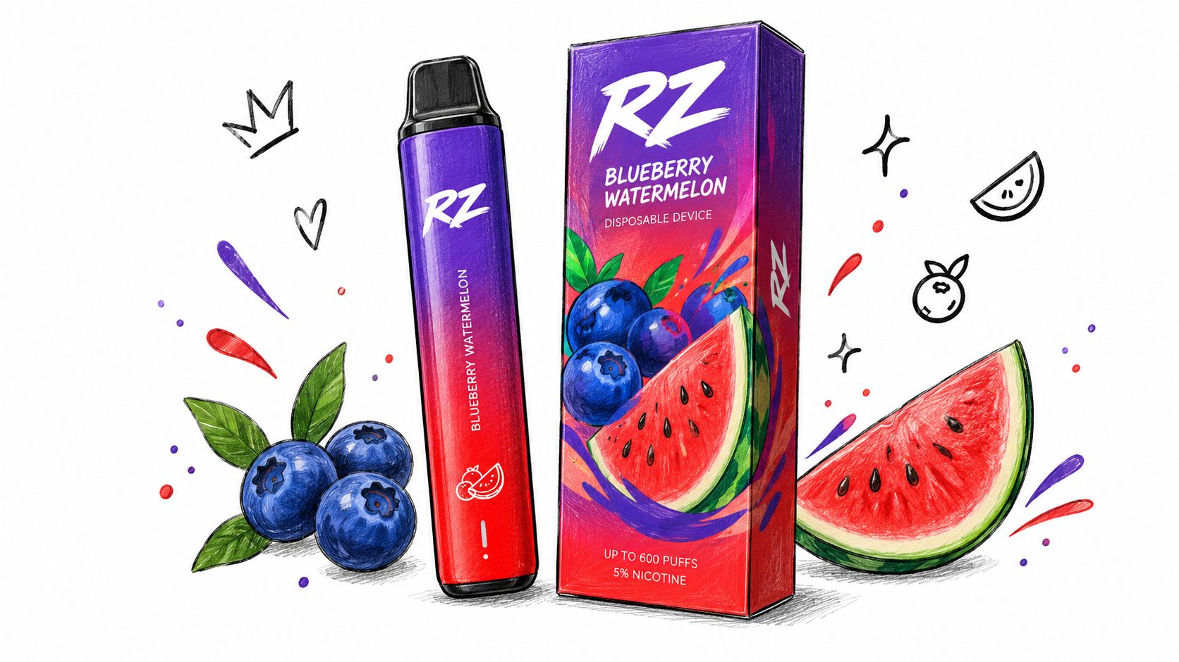A RZ disposable vape device next to its box featuring blueberry watermelon flavor branding and fruit illustrations.