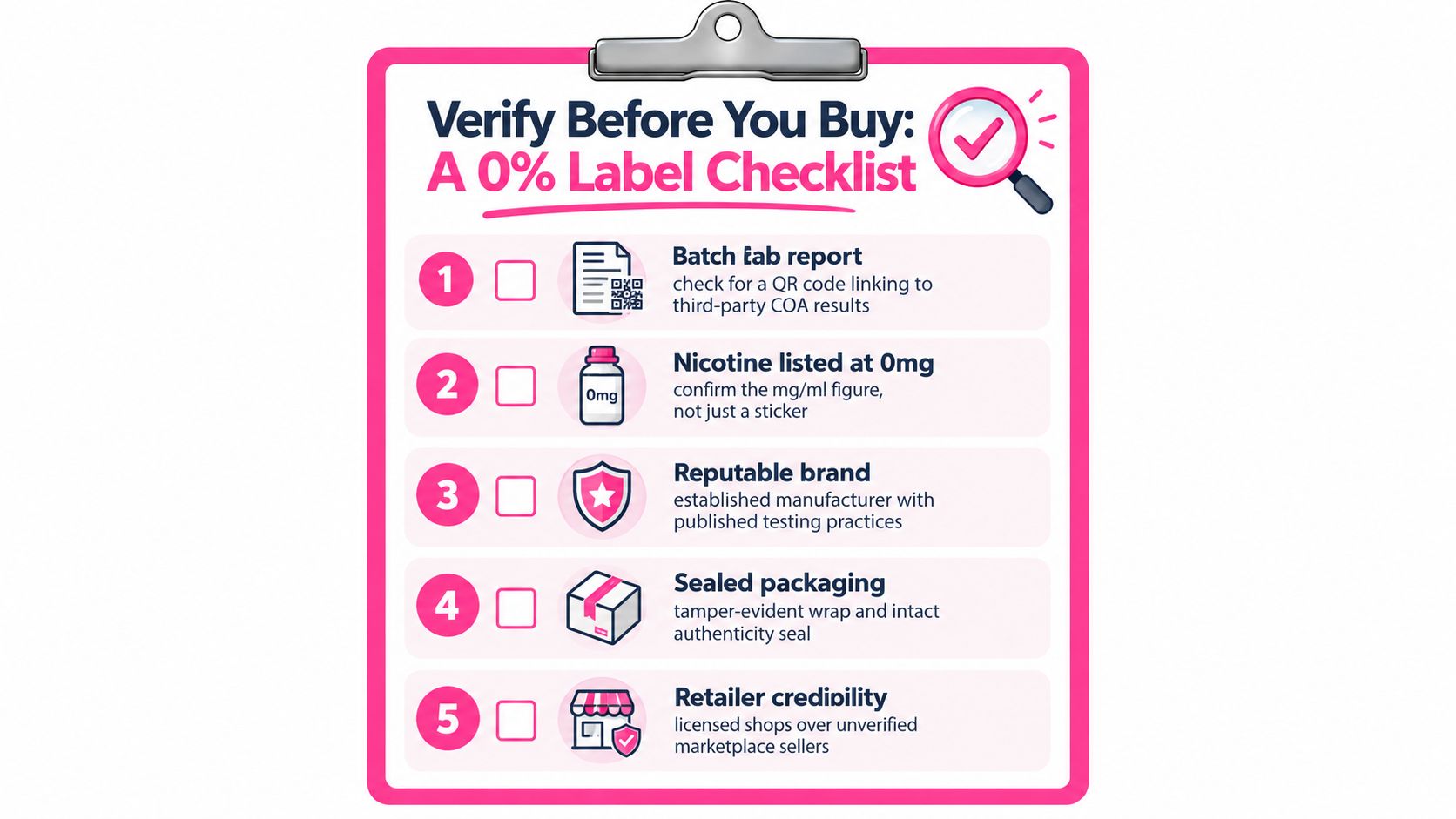 A checklist infographic titled Verify Before You Buy 0% Label with five safety steps for purchasing vape products.