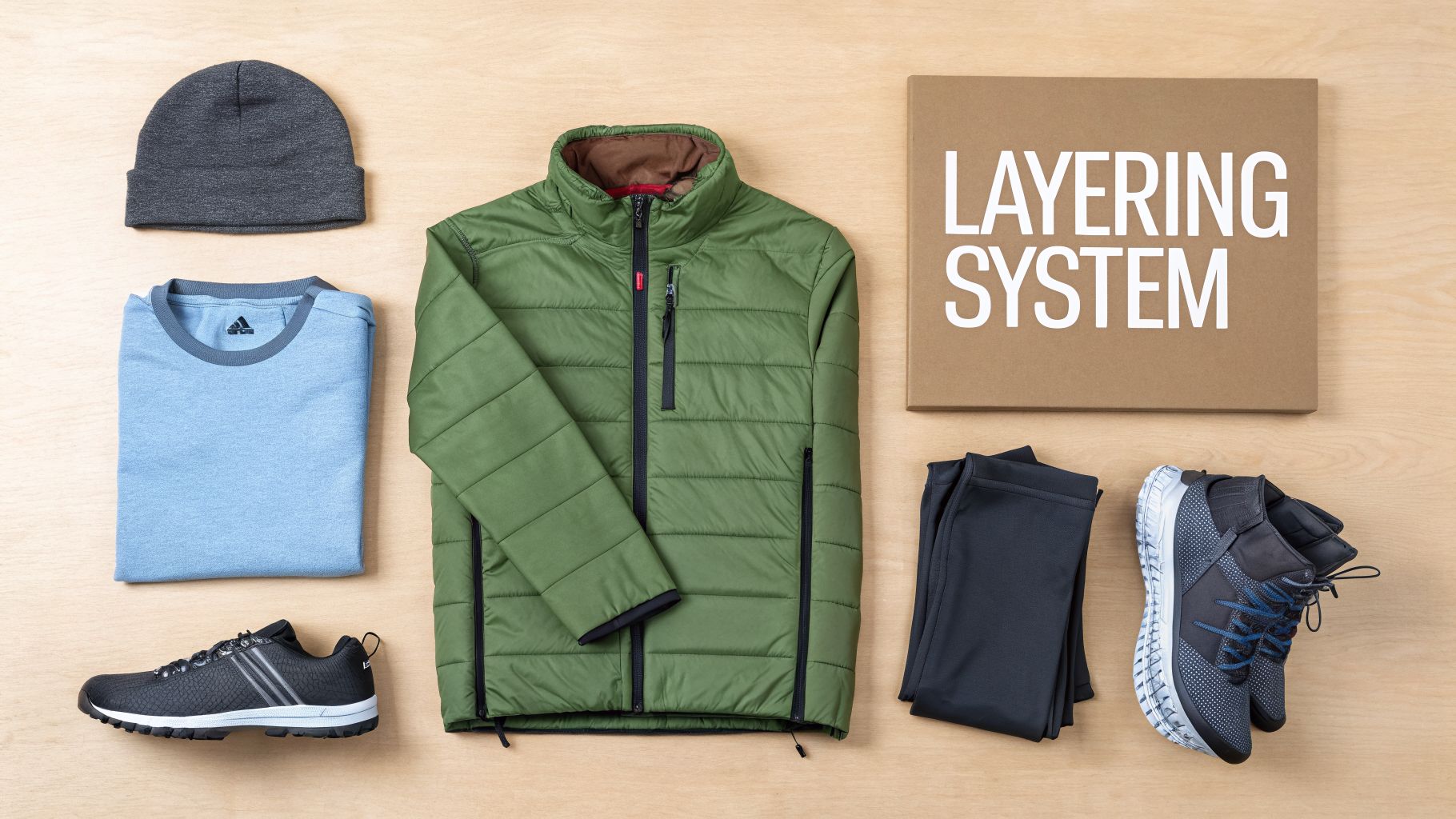 A flat lay of a green puffer jacket, light blue shirt, beanie, pants, and shoes for a layering system.