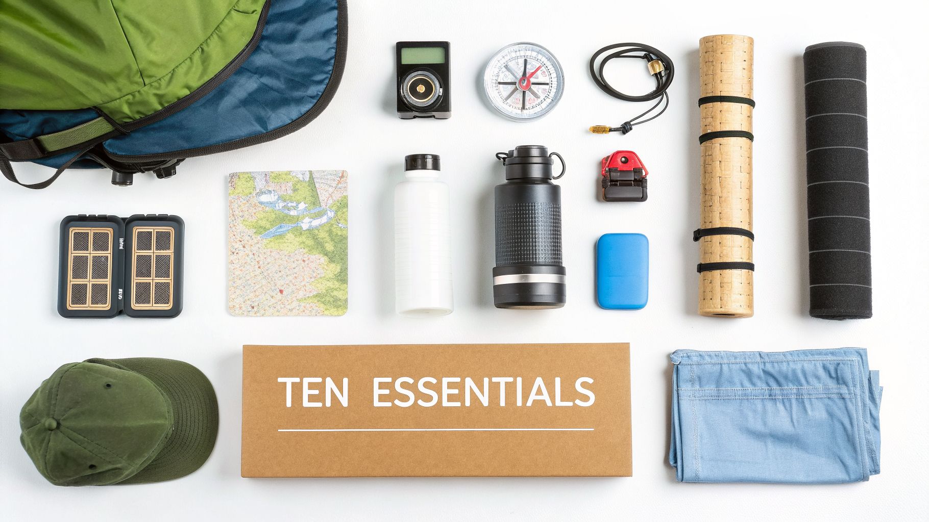 Flat lay of starter backpacking and outdoor essentials, including a map, compass, water bottles, and solar charger.