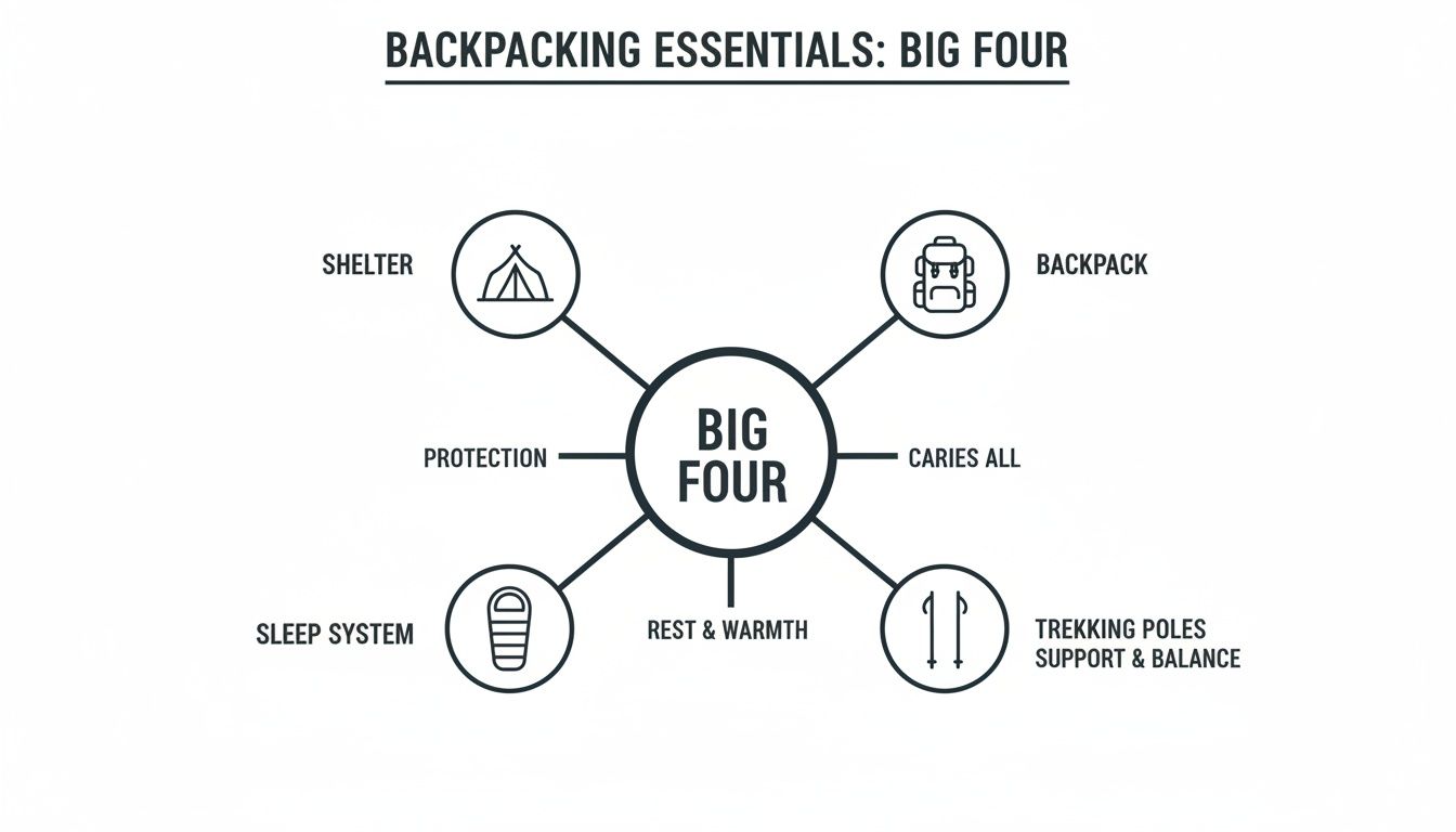 A diagram titled 'Backpacking Essentials: Big Four' showing shelter, backpack, sleep system, and trekking poles.
