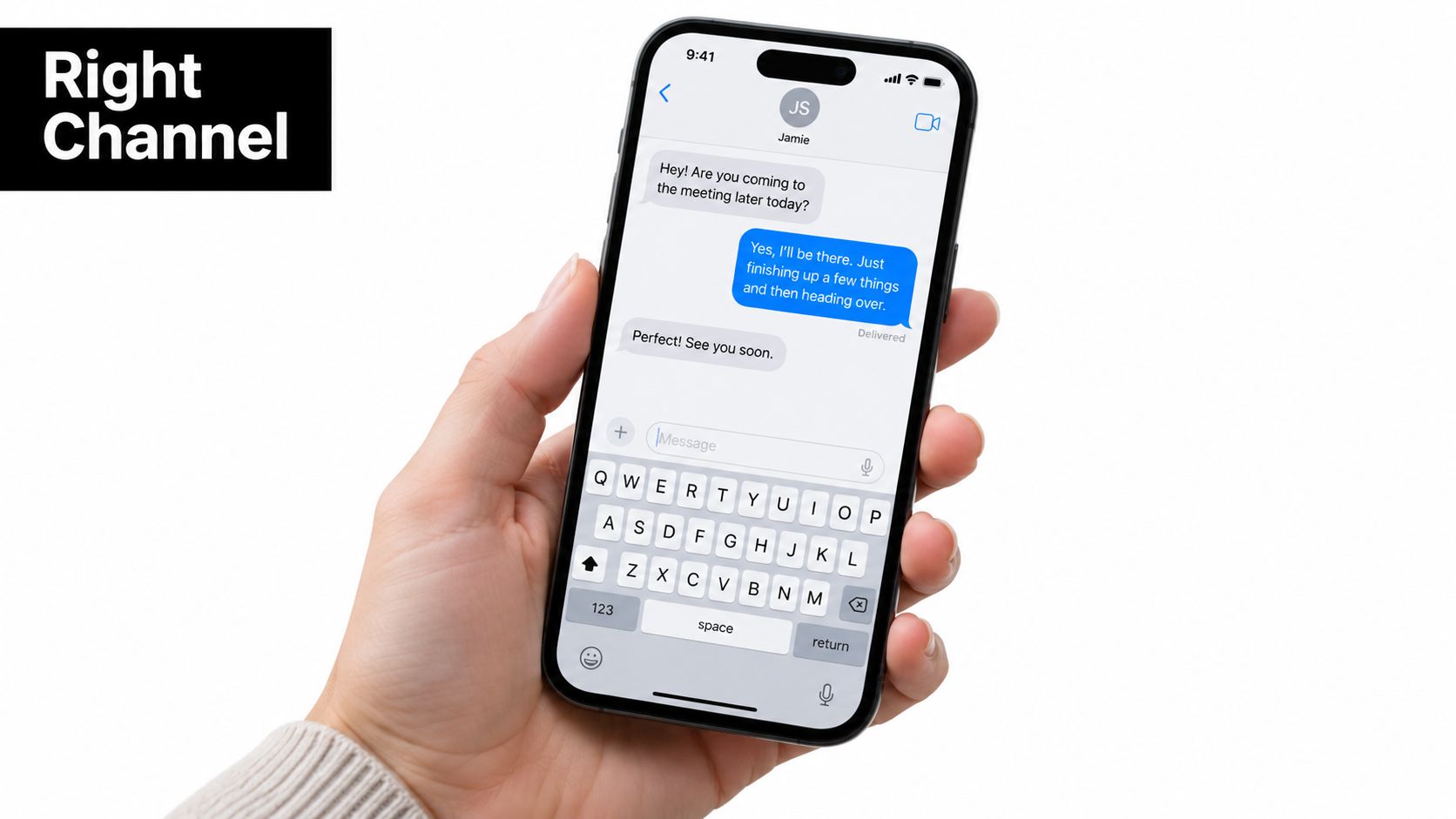 A person holding an iPhone displaying an iMessage conversation with a contact named Jamie.