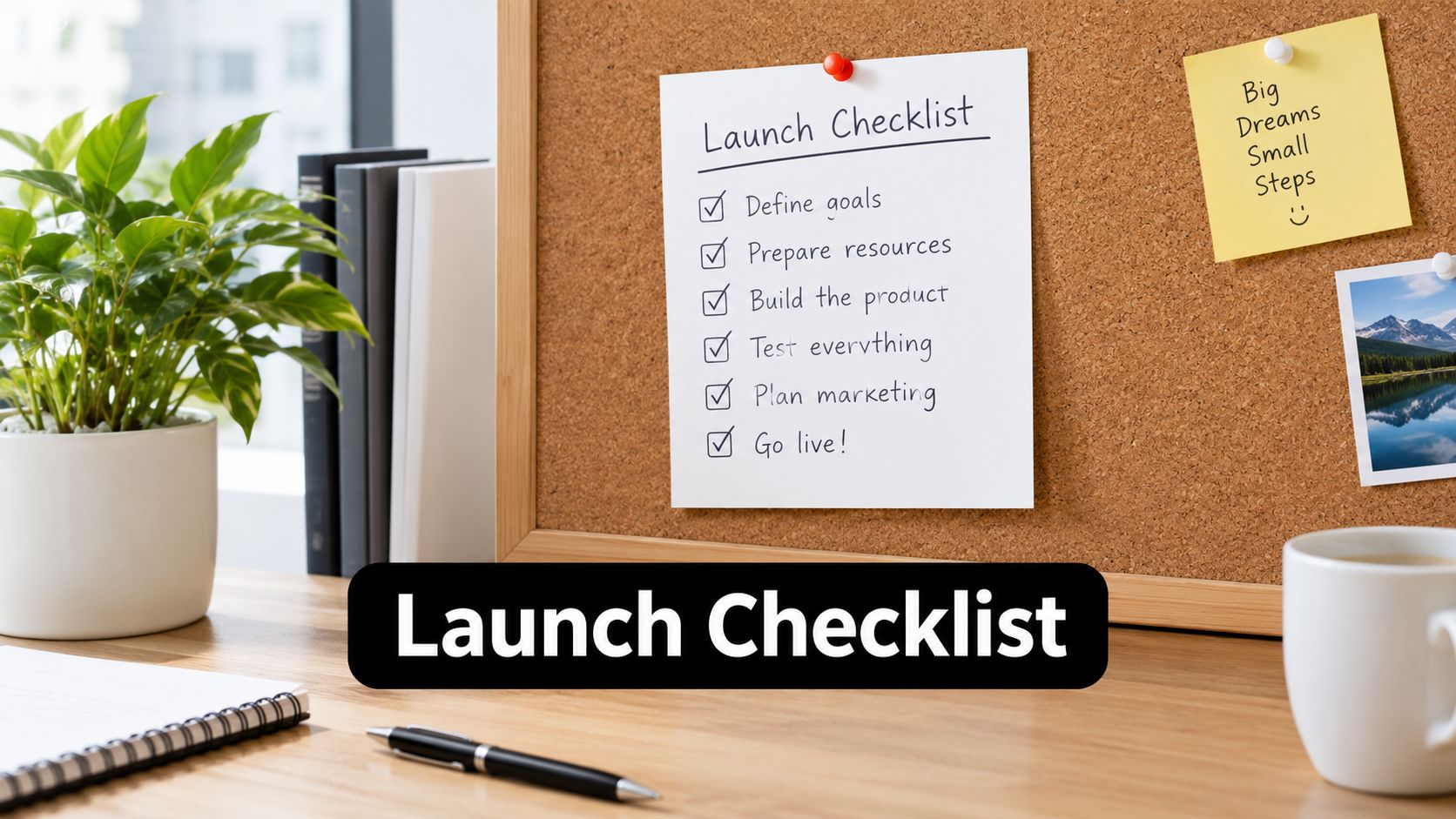 A wooden desk with a corkboard featuring a Launch Checklist, a pen, notebook, and a small plant.
