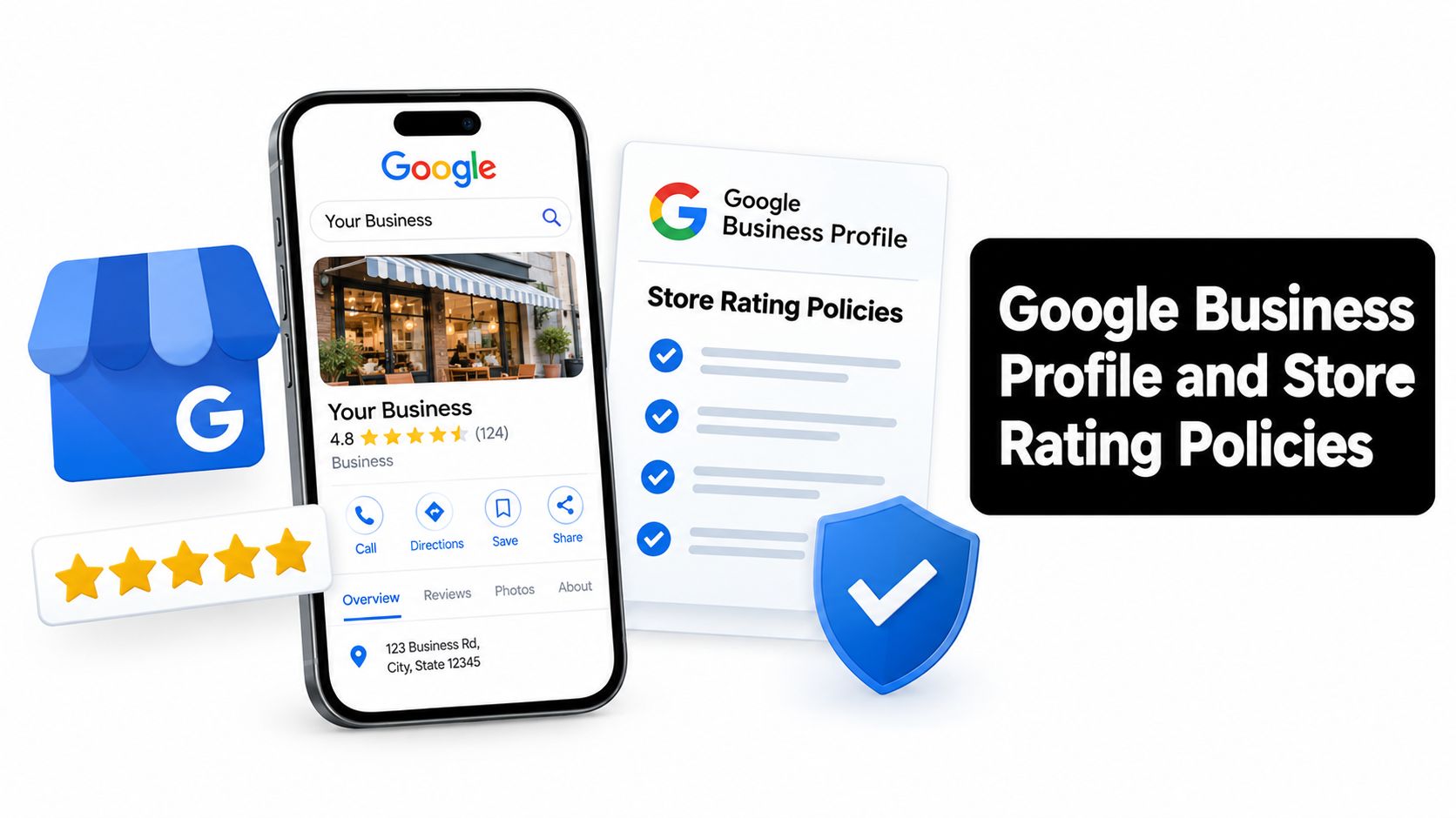 A smartphone displaying a Google Business Profile next to store rating policy documentation and a shield icon.