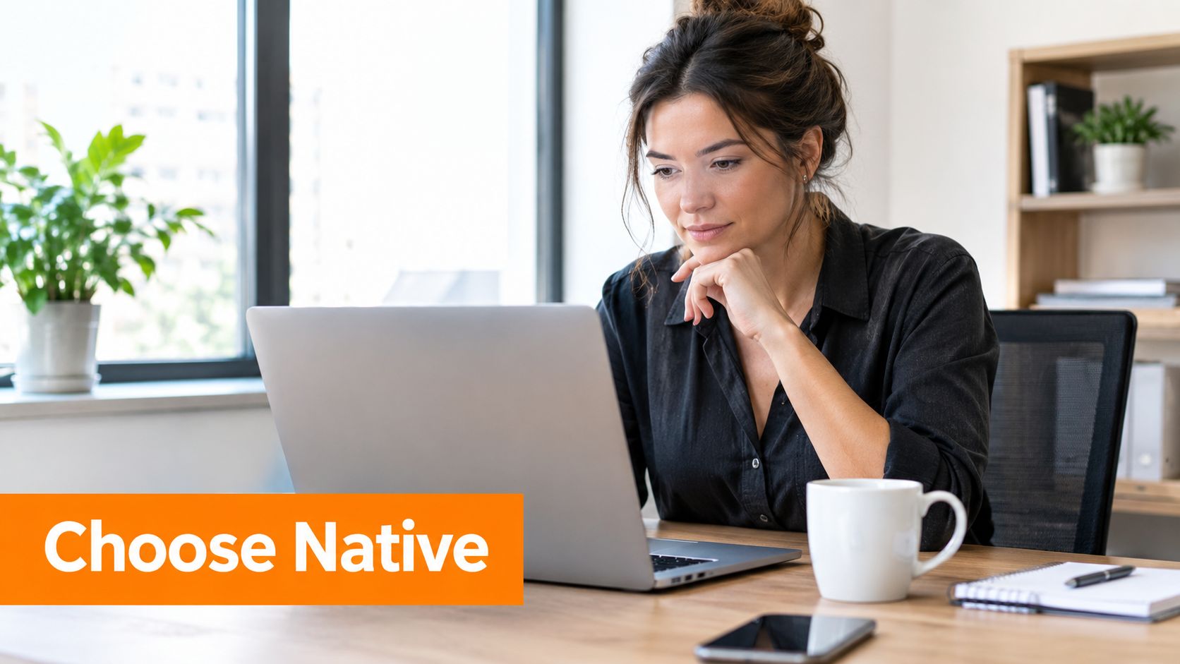 A professional woman working on a laptop at a bright office desk with the text Choose Native