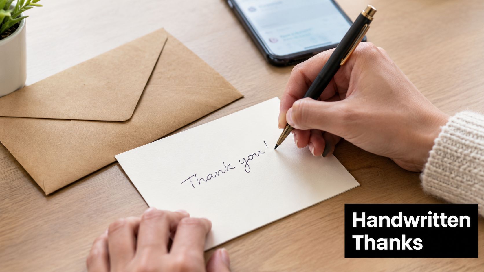 A person writing a handwritten thank you note on a card next to an envelope and smartphone.