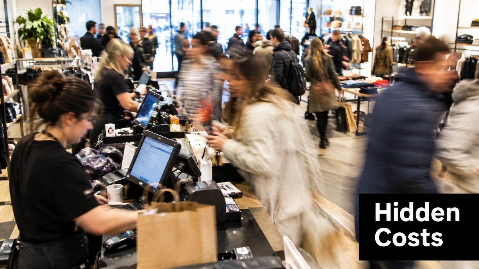A busy clothing store interior with employees assisting customers at checkout counters during a busy workday.