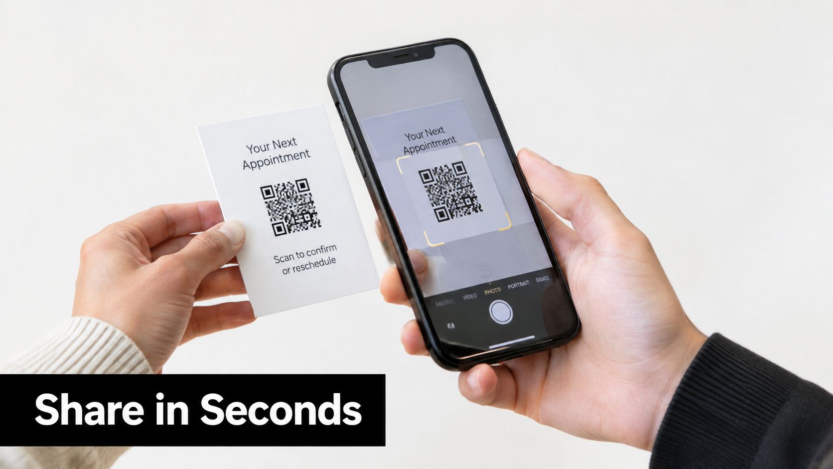 A person scans a QR code on an appointment card using their smartphone to confirm or reschedule.