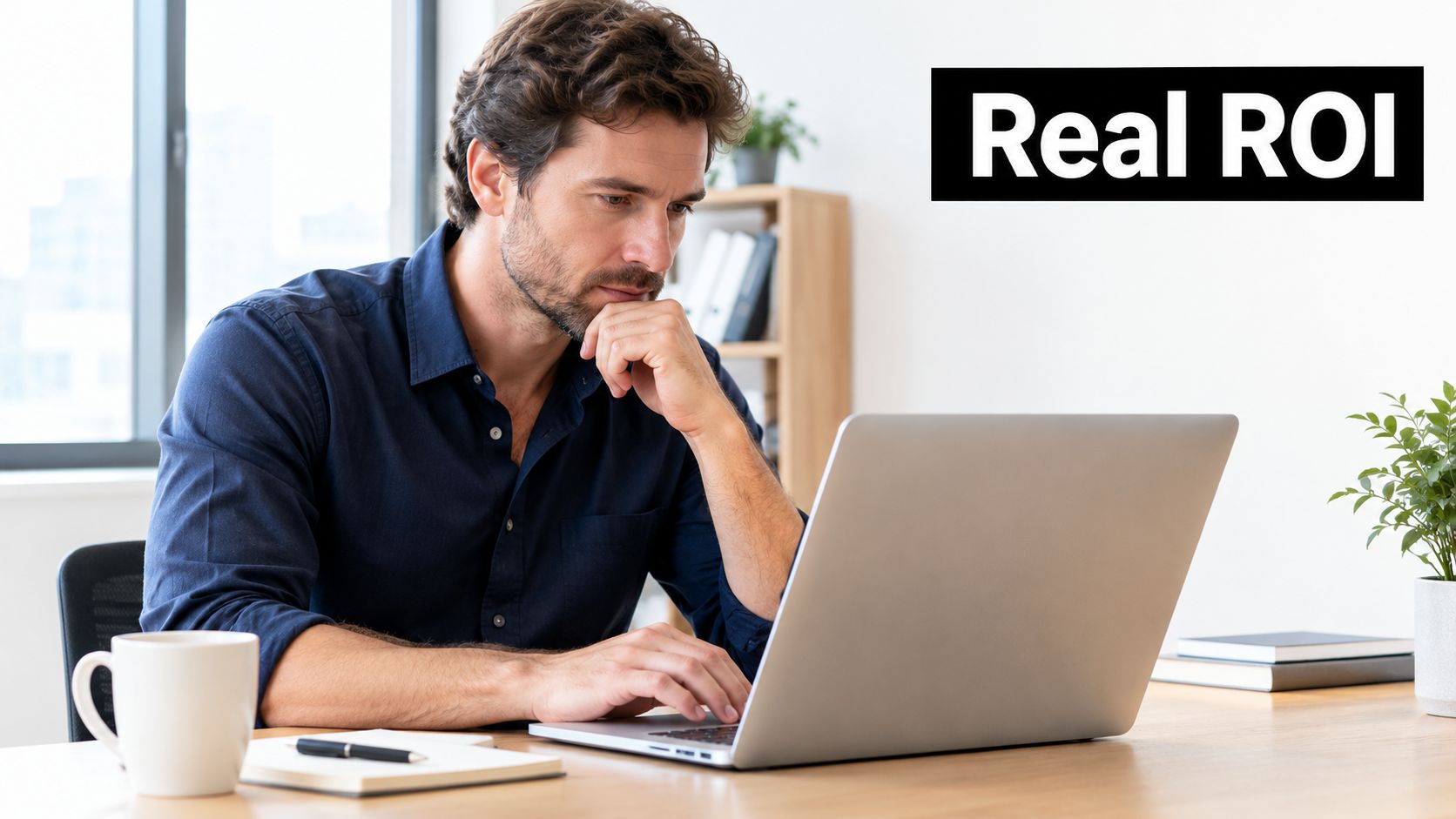 A professional man with a beard sitting at a desk and thinking while working on his laptop.