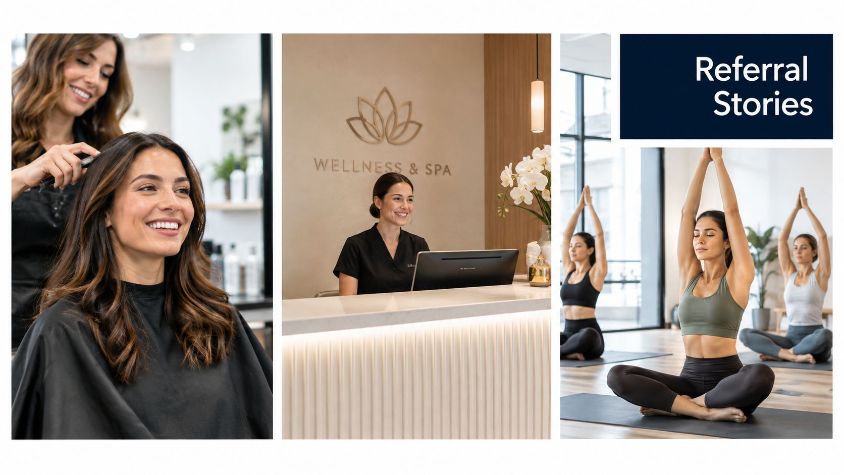 A collage showing a hairstylist, a spa receptionist, and a group of women practicing yoga in class.